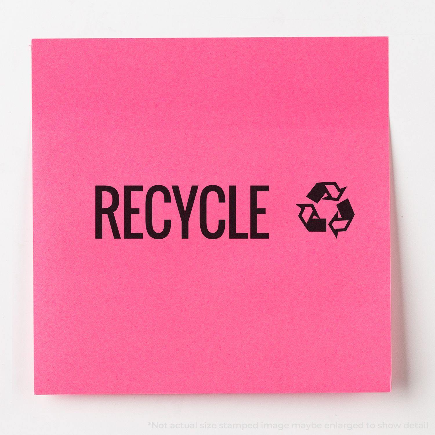 A stock office rubber stamp with a stamped image showing how the text "RECYCLE" with the recycling icon on the right side is displayed after stamping.