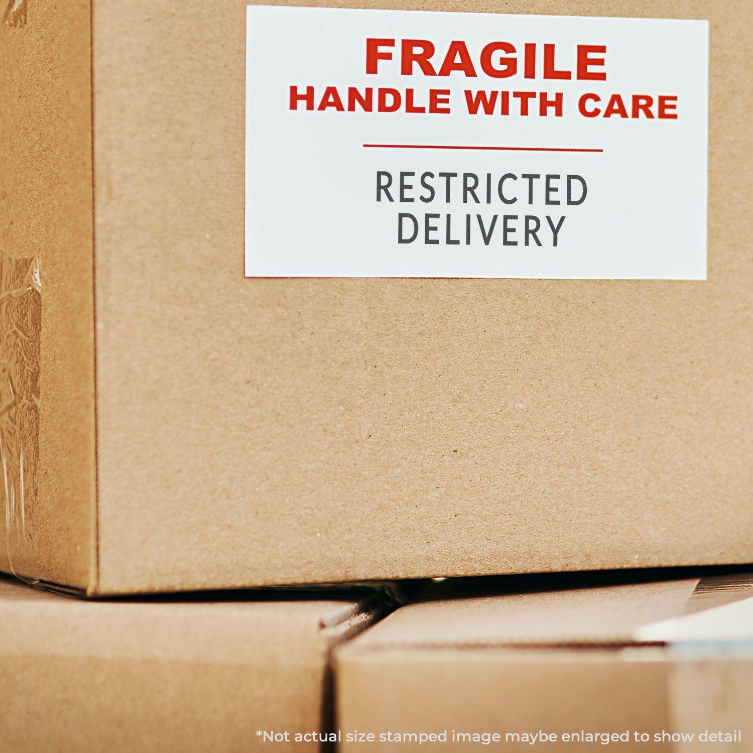 Cardboard box with a FRAGILE HANDLE WITH CARE RESTRICTED DELIVERY label stamped using the Large Self Inking Restricted Delivery Stamp.