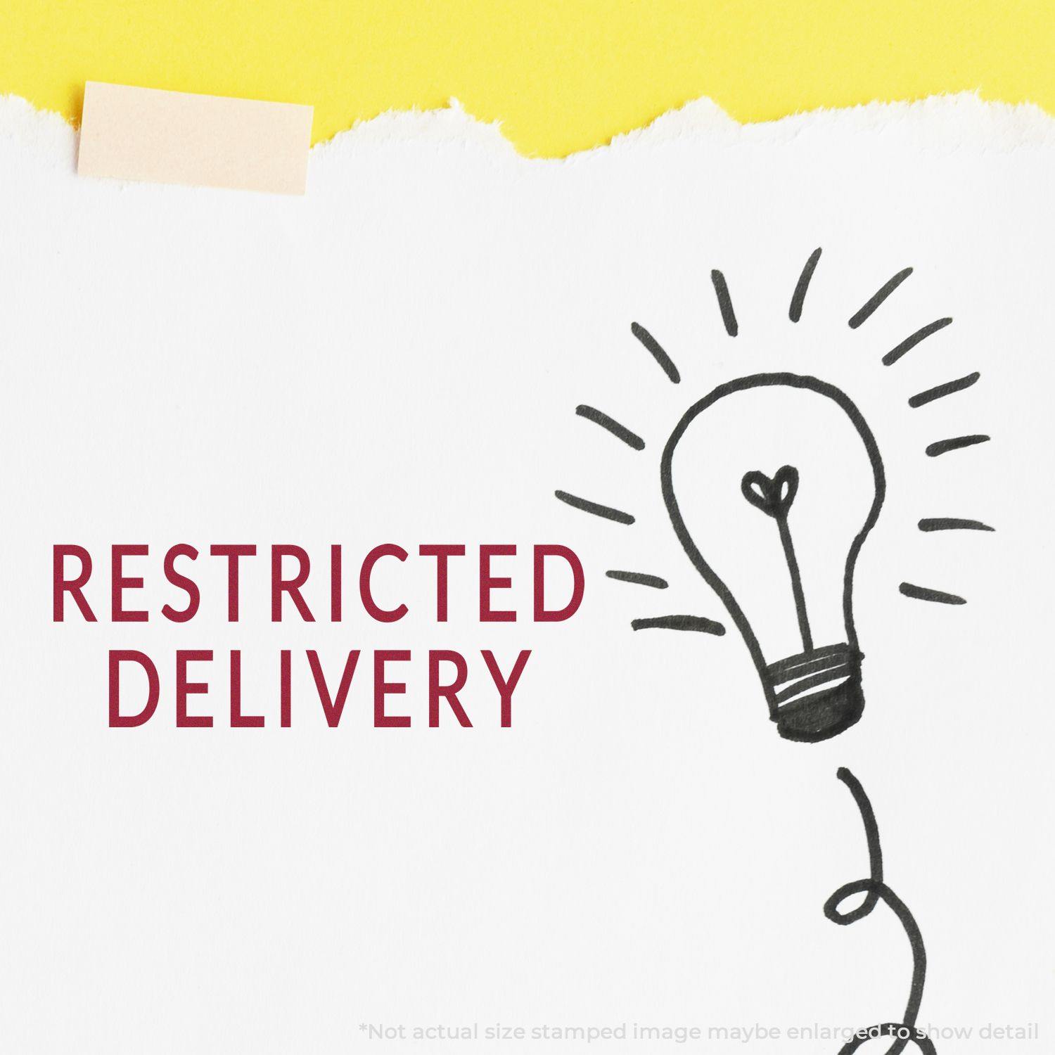 Large Pre-Inked Restricted Delivery Stamp used on white paper with a lightbulb drawing and 'Restricted Delivery' text in red.