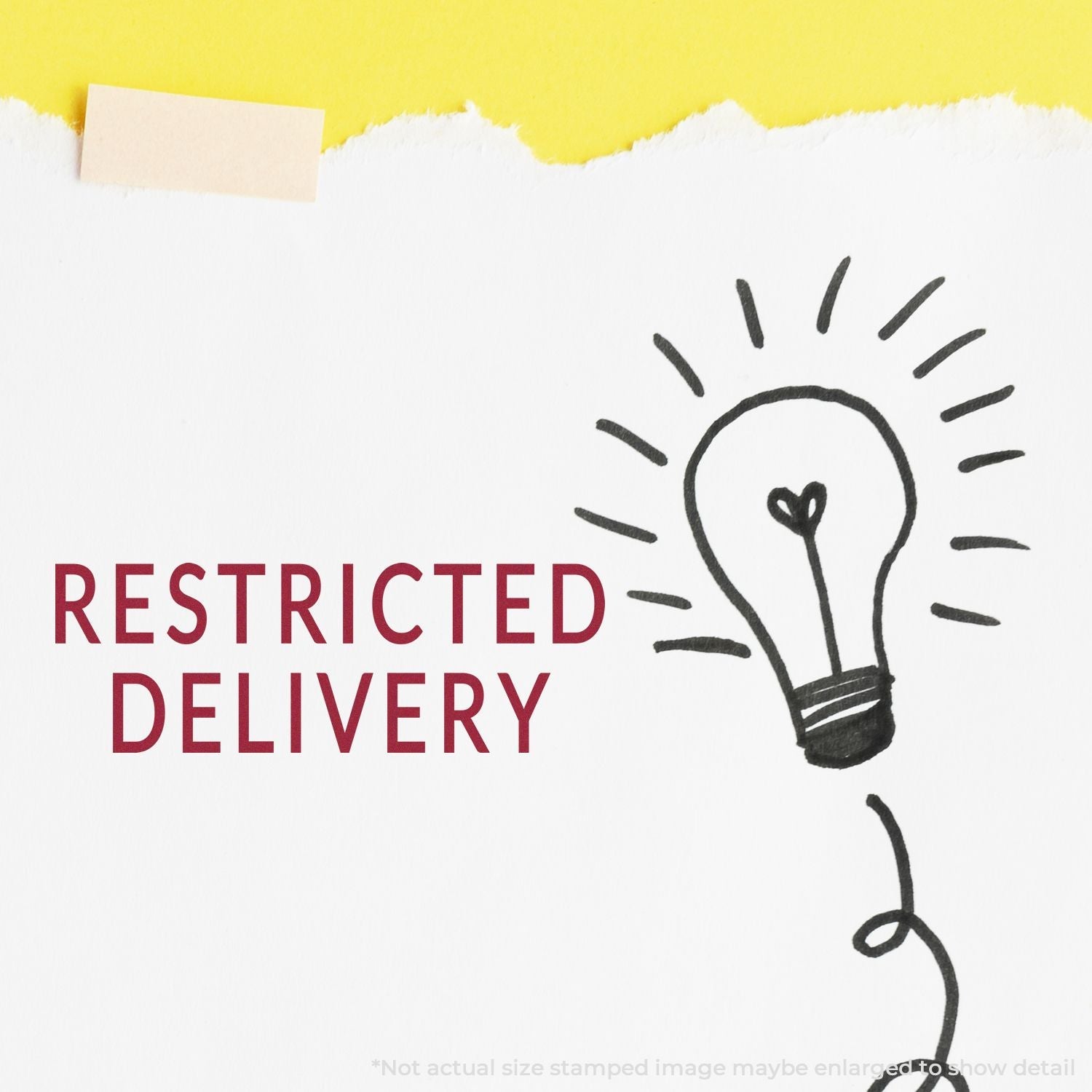 Image of a Self Inking Restricted Delivery Stamp with a light bulb drawing and the text RESTRICTED DELIVERY on a torn paper background.