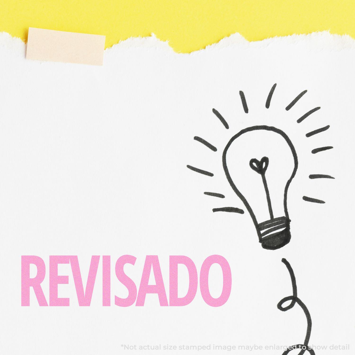 Large Pre-Inked Revisado Stamp used on white paper with a lightbulb drawing and a yellow background.