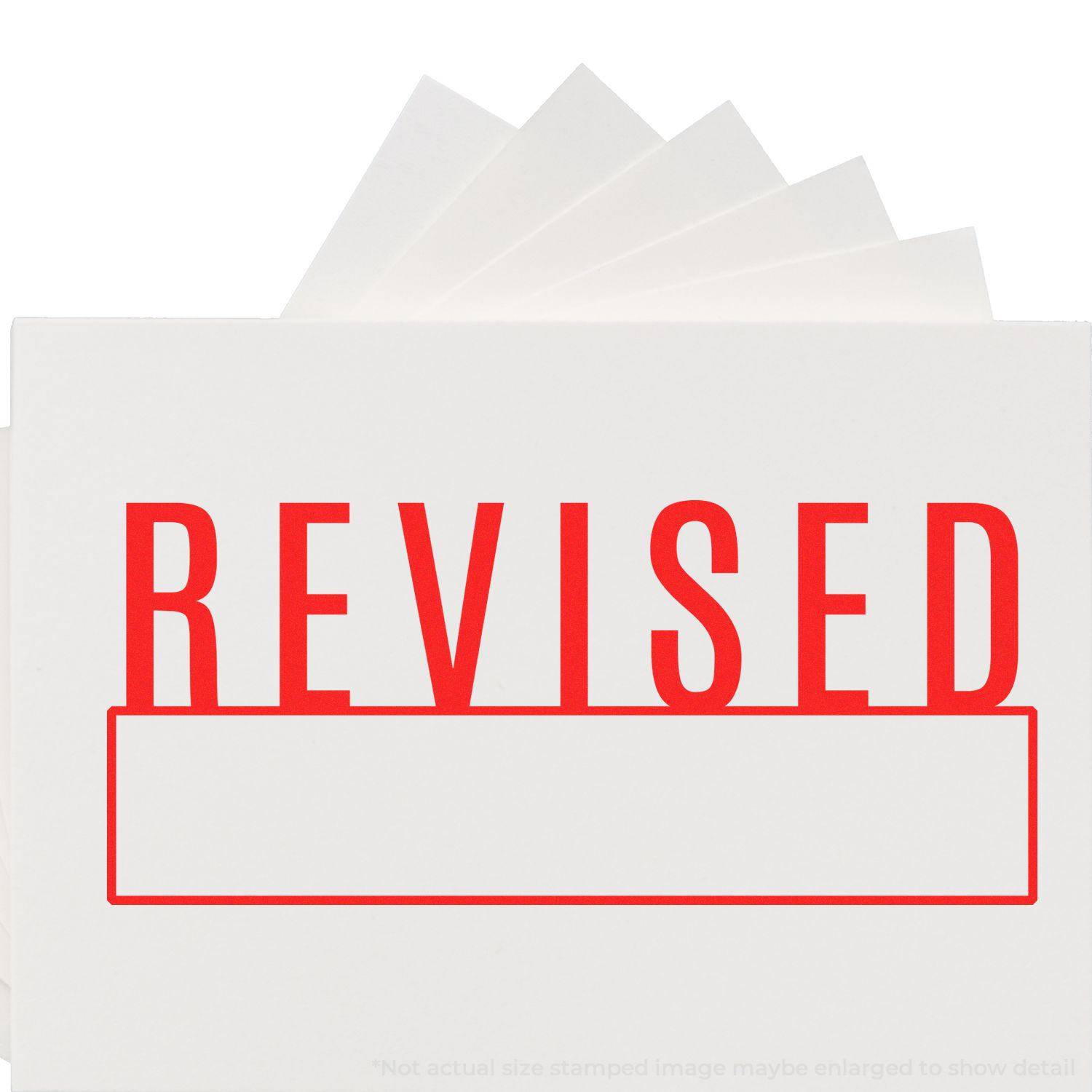 Large Revised with Box Rubber Stamp in red ink on white paper, showing the word 'REVISED' with a blank box below for additional notes.