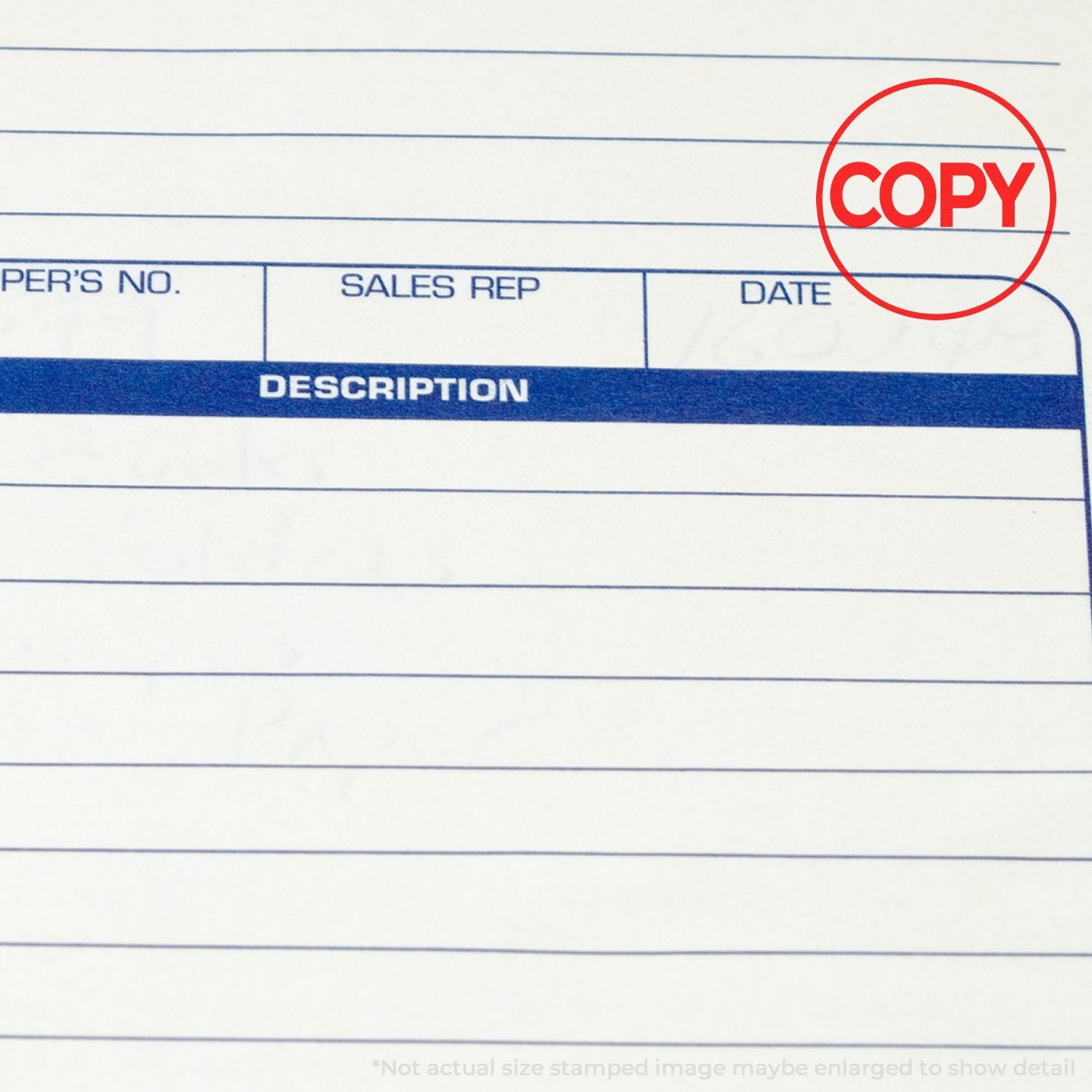 Self Inking Round Copy Stamp imprinting COPY in red ink on a document form with sections for sales rep, date, and description.