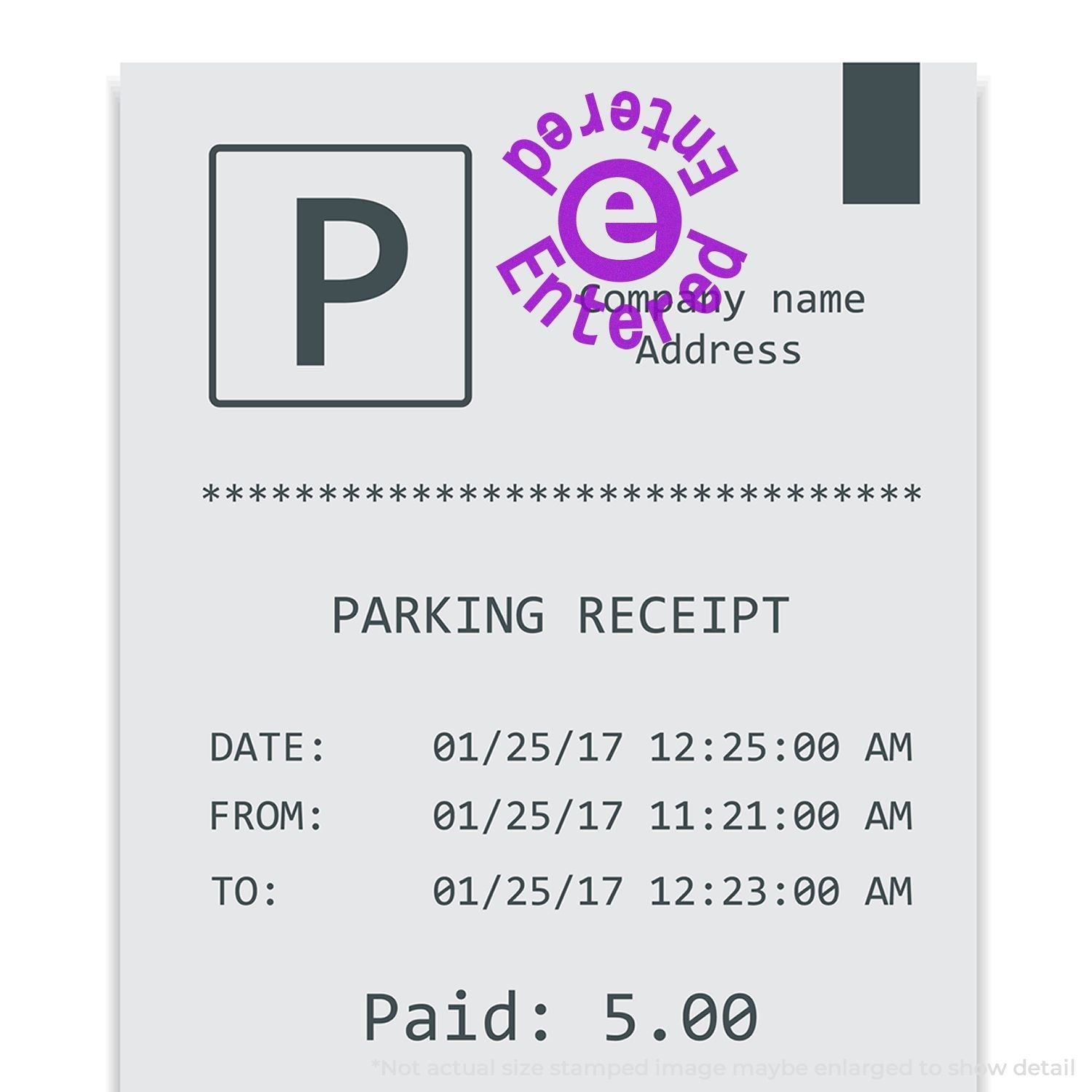 Self Inking Round Entered Entered Stamp marking a parking receipt with a purple Entered stamp.