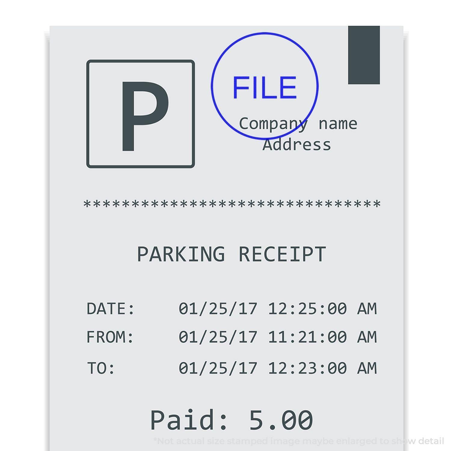 Parking receipt with a Round File Rubber Stamp marked FILE in blue ink, showing company name, address, and payment details.