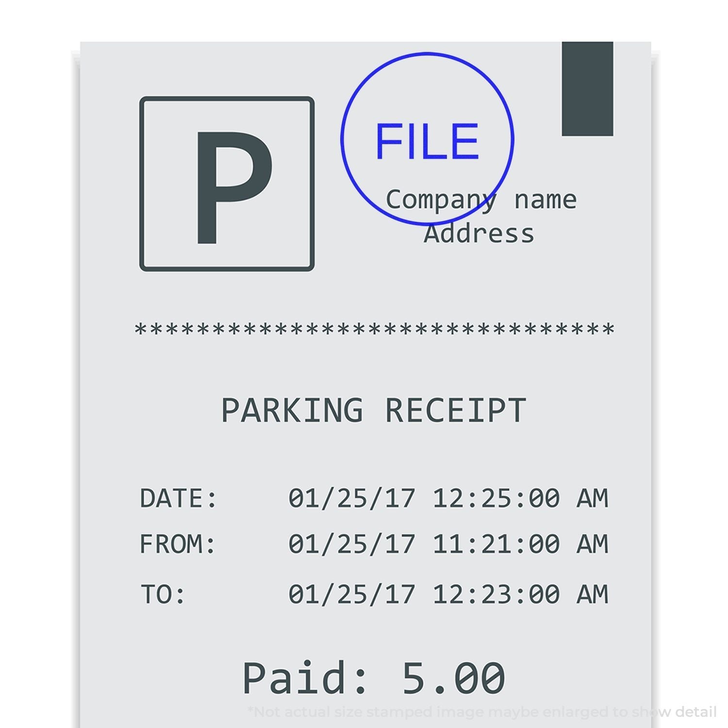 A parking receipt stamped with a blue FILE mark using a Self Inking Round File Stamp, showing date, time, and payment details.