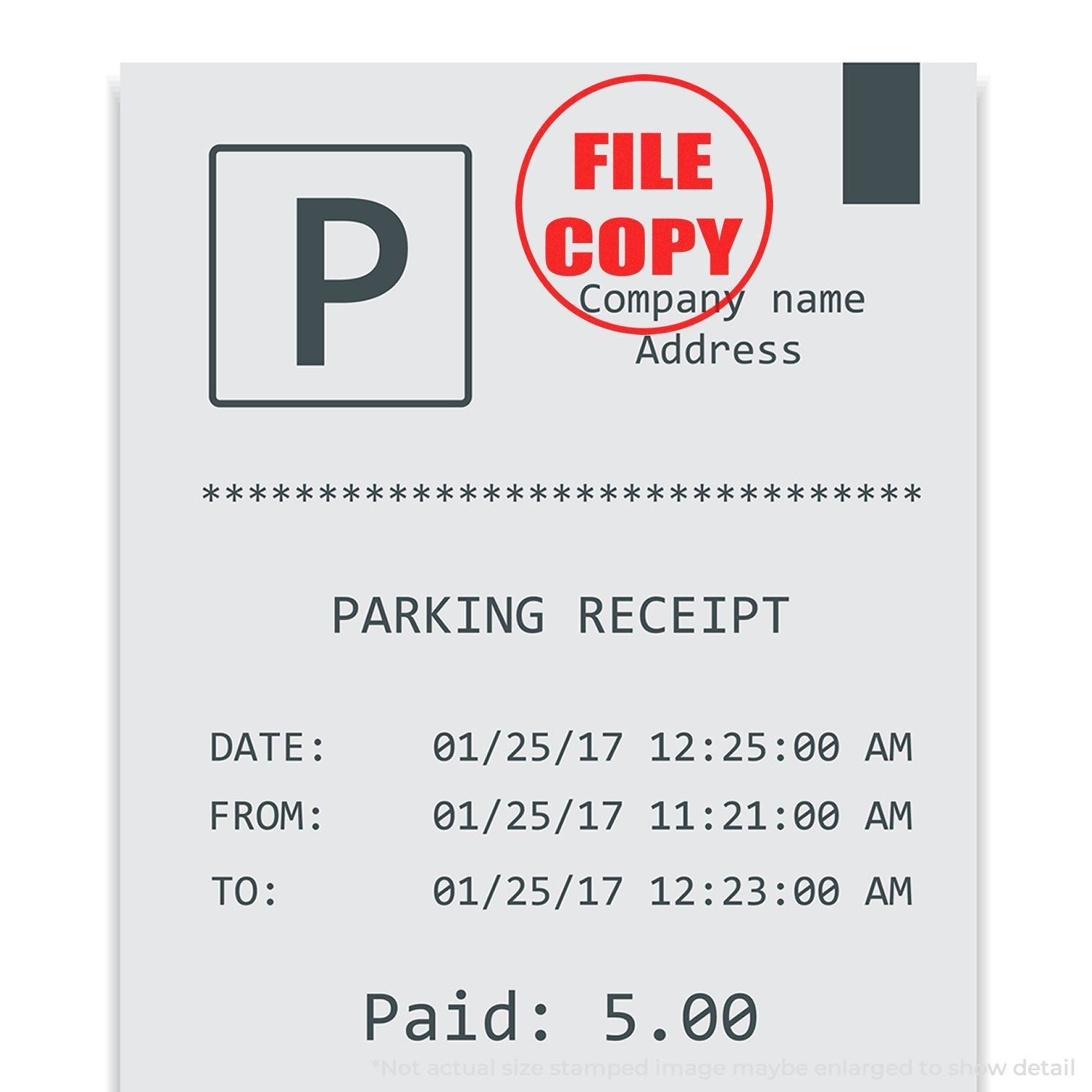 A parking receipt stamped with FILE COPY using the Self Inking Round File Copy Stamp, showing date, time, and payment details.