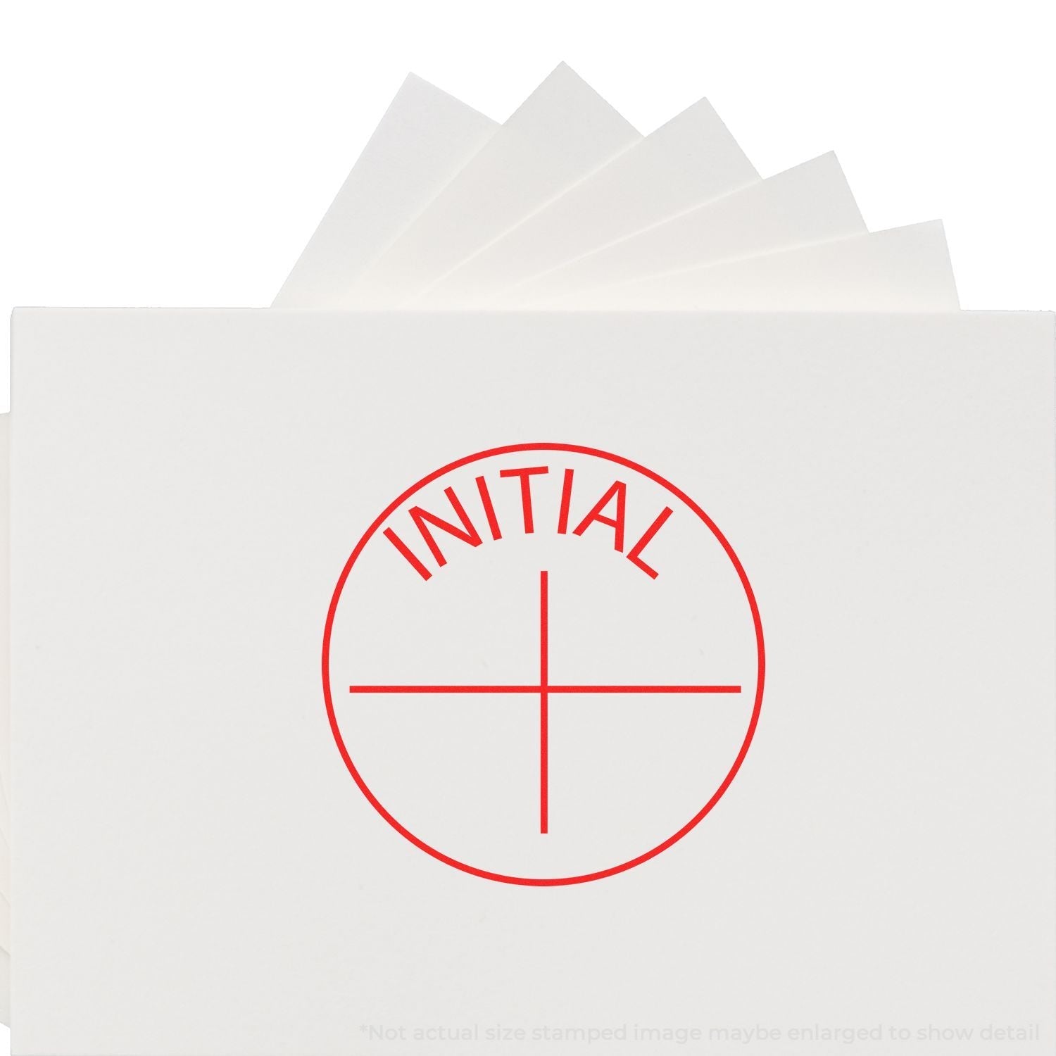 Self Inking Round Initial Stamp in red ink on white paper, showing the word INITIAL within a circle and a cross in the center.