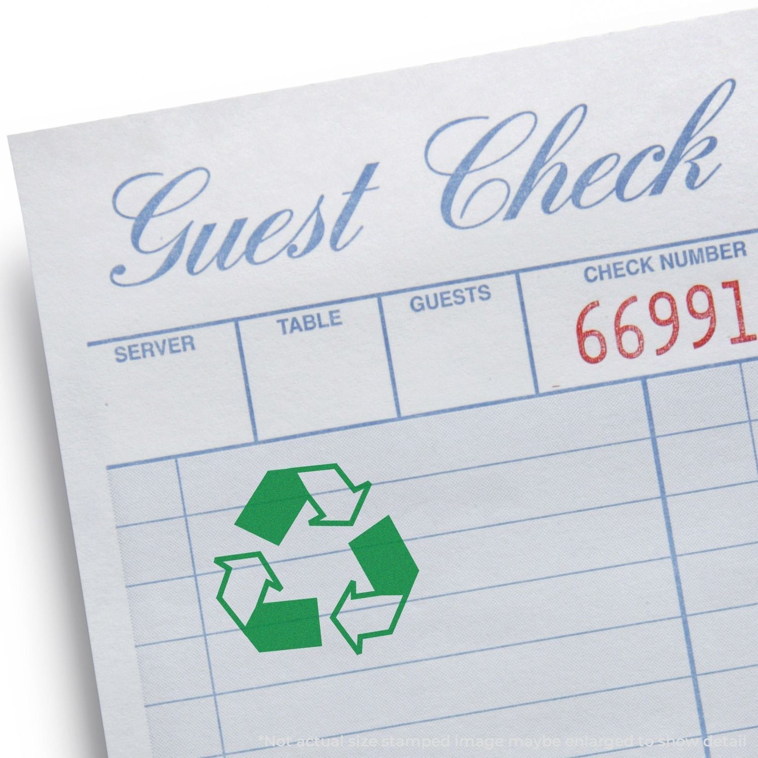 Guest check with a green recycle symbol stamped using the Self Inking Round Recycle Stamp.