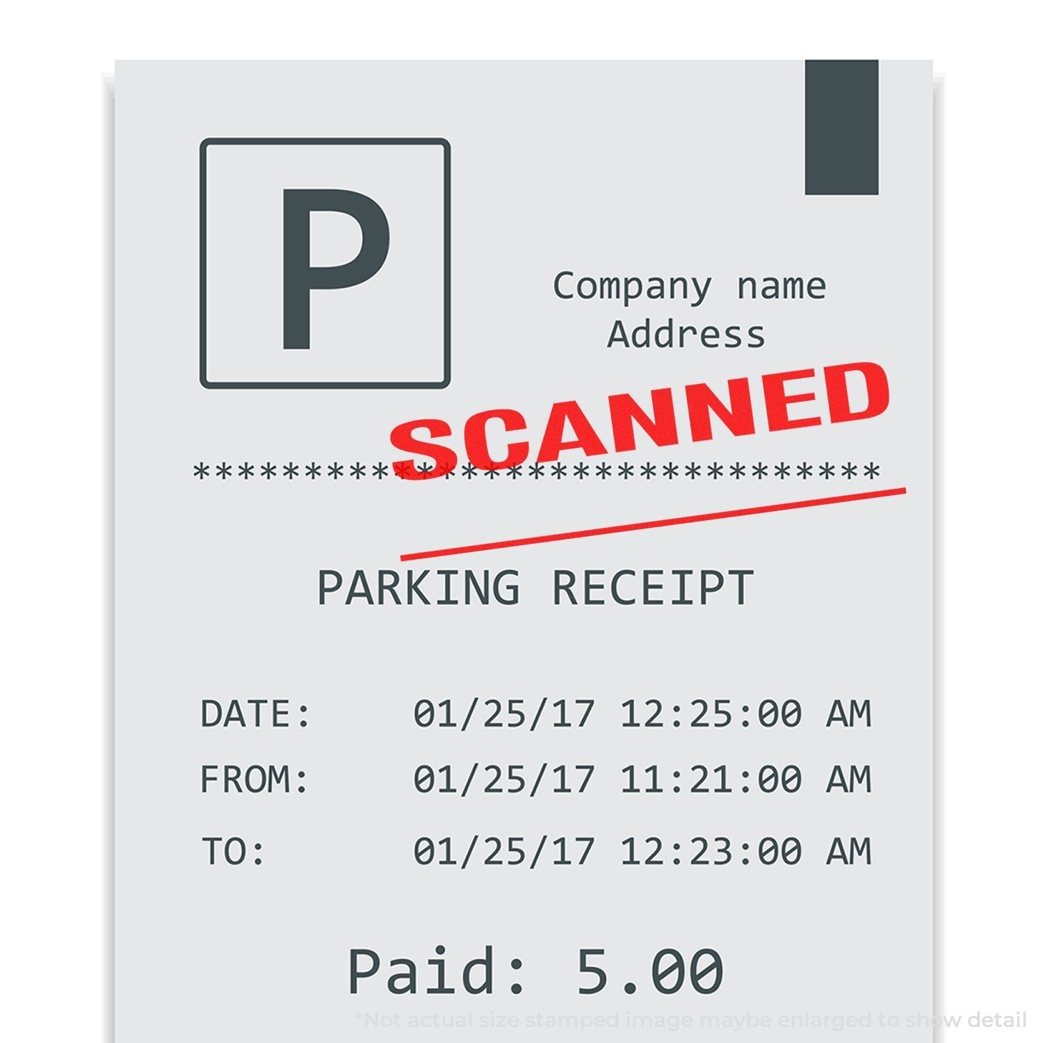 A parking receipt stamped with SCANNED using the Self Inking Scanned with Line Stamp.