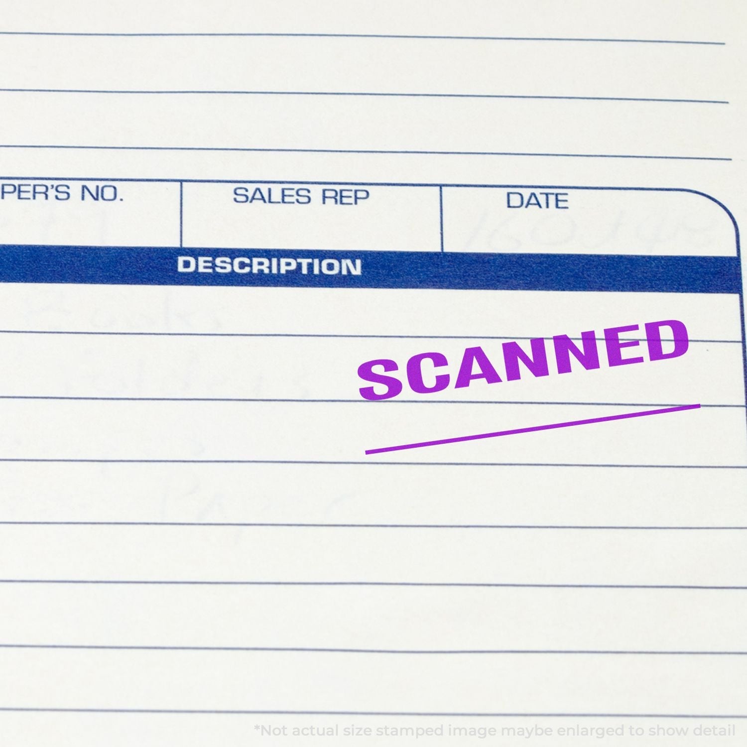 A document stamped with the Self Inking Scanned with Line Stamp in purple ink, showing the word SCANNED underlined.