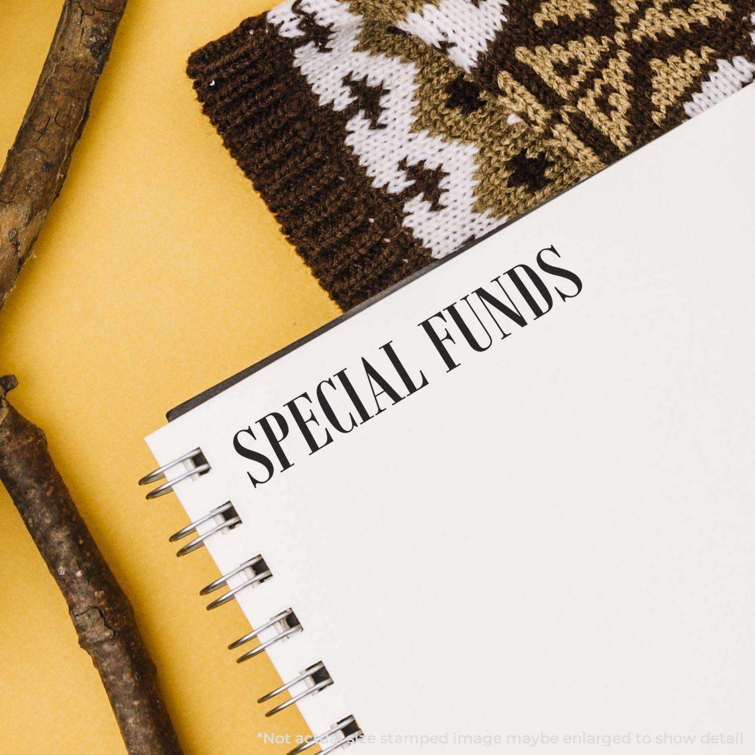 Large Self Inking Special Funds Stamp used on a white notebook page, with a knitted item and wooden sticks in the background.