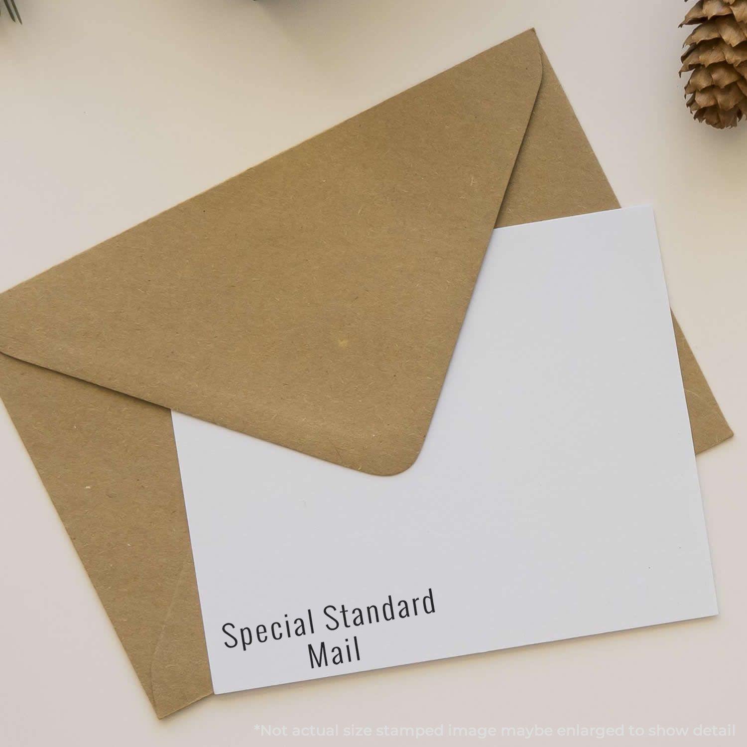 Large Special Standard Mail rubber stamp on a white card inside a brown envelope, placed on a light background.