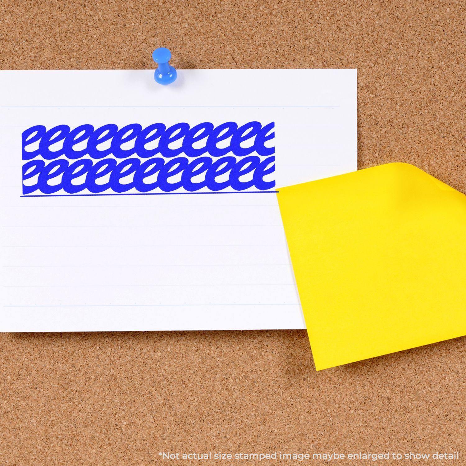 Large Pre-Inked Strikeout Stamp in blue ink used on white paper pinned to a corkboard, with a yellow sticky note beside it.