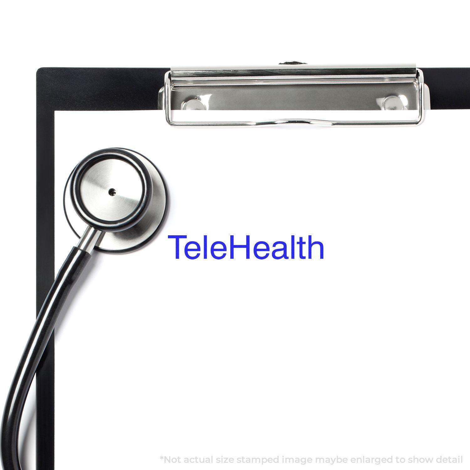 Slim Pre-Inked Telehealth Stamp imprint on a clipboard with a stethoscope beside it.