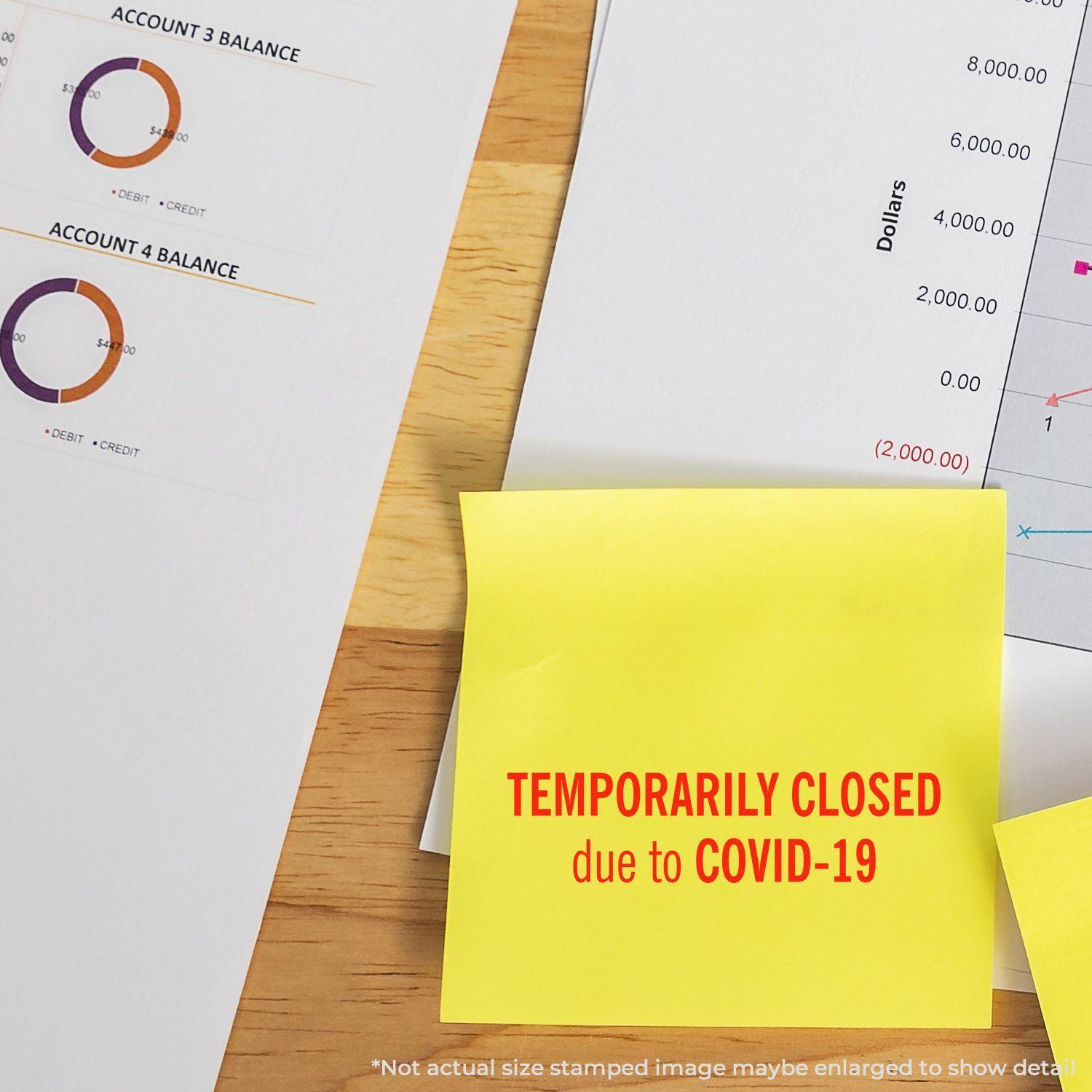 Large Pre-Inked Temporarily Closed Stamp used on a yellow sticky note reading TEMPORARILY CLOSED due to COVID-19 next to financial documents.