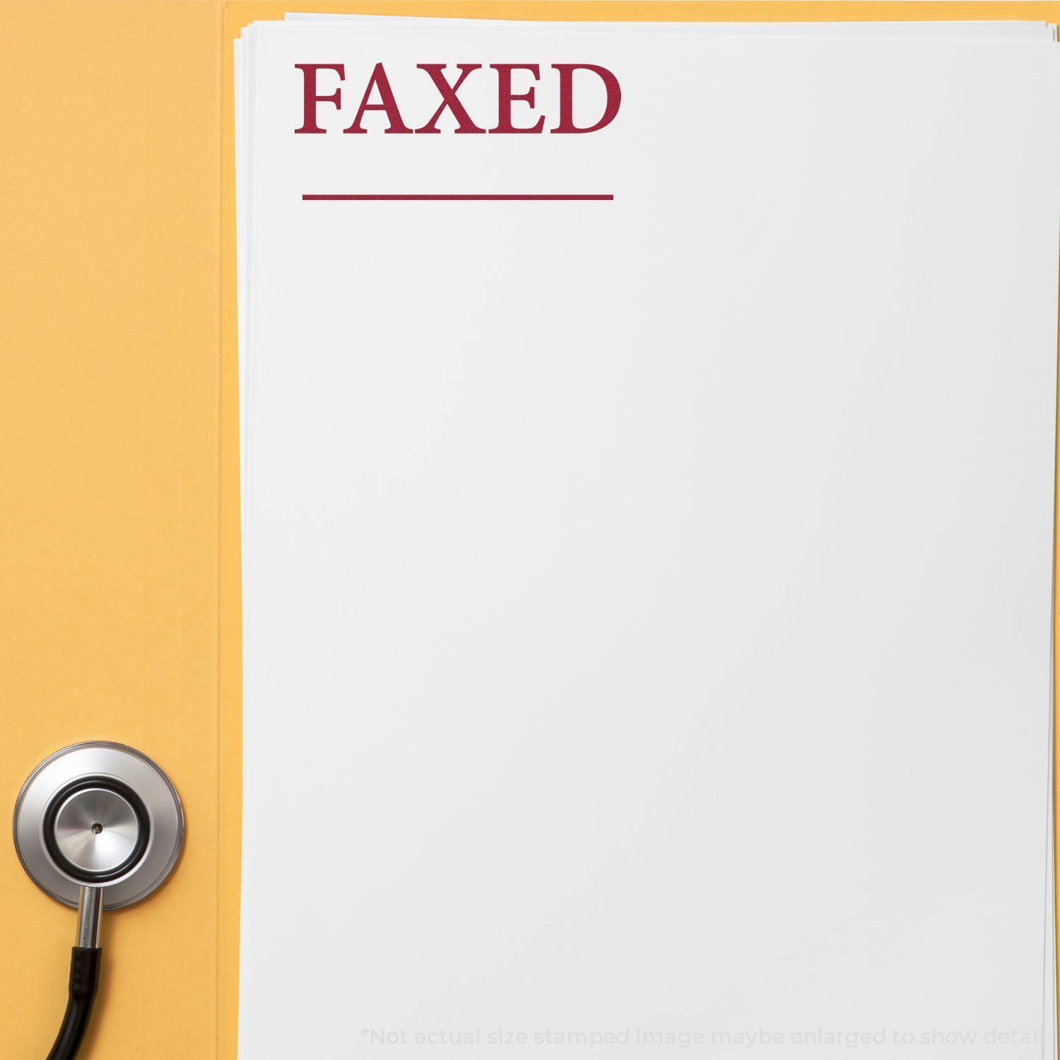 A stack of papers stamped with FAXED in red ink and a line below, next to a stethoscope. Focus word: Times Faxed with Line Rubber Stamp.