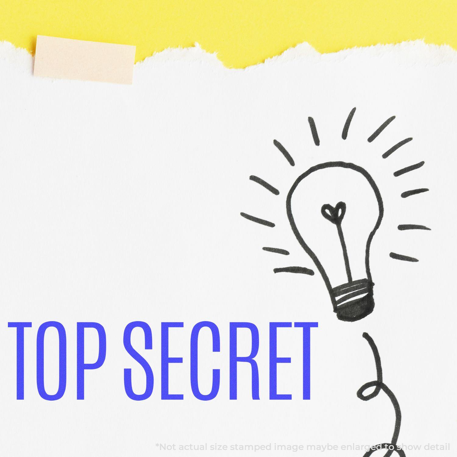 Large Top Secret rubber stamp on white paper with a lightbulb drawing, yellow background, and a piece of tape at the top.