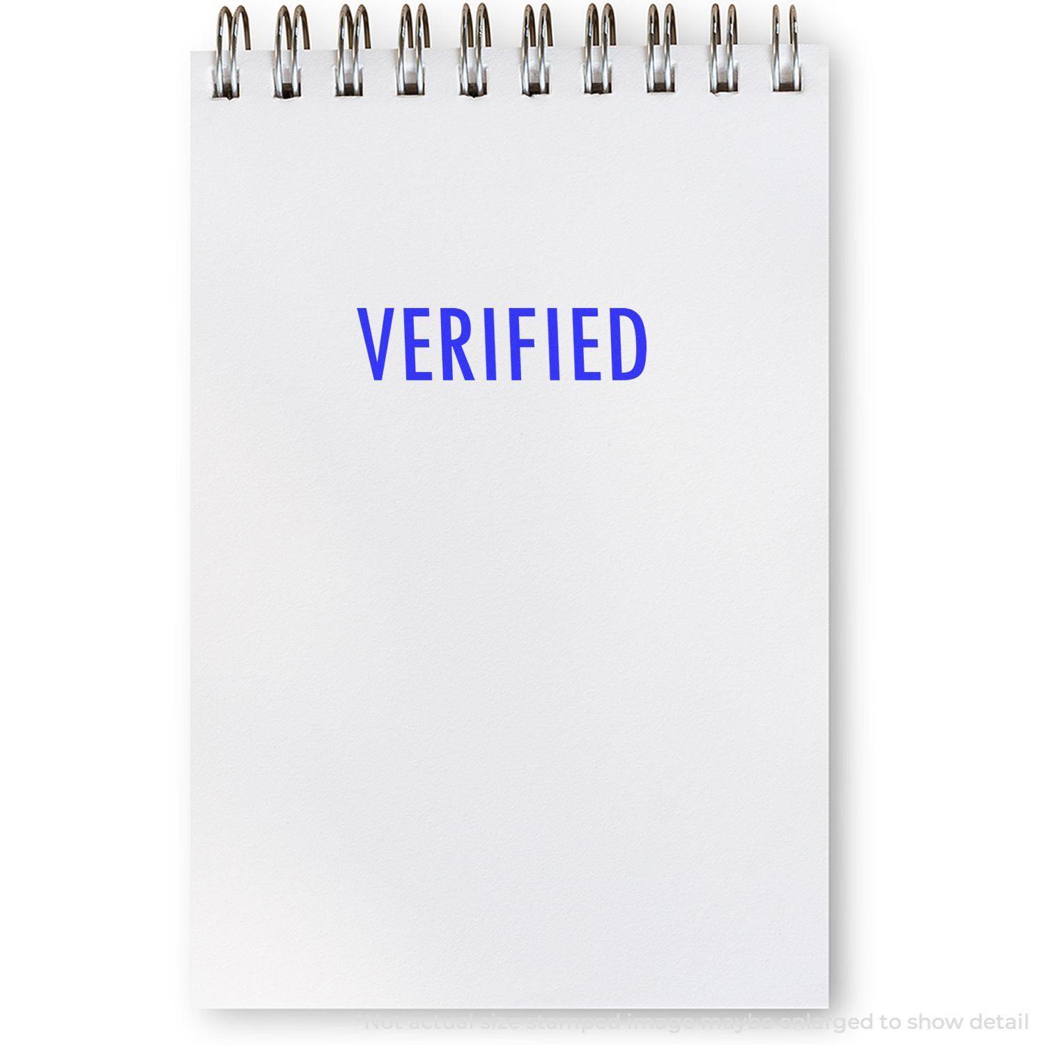 Large Pre-Inked Verified Stamp used on a white notepad, displaying the word "VERIFIED" in blue ink.