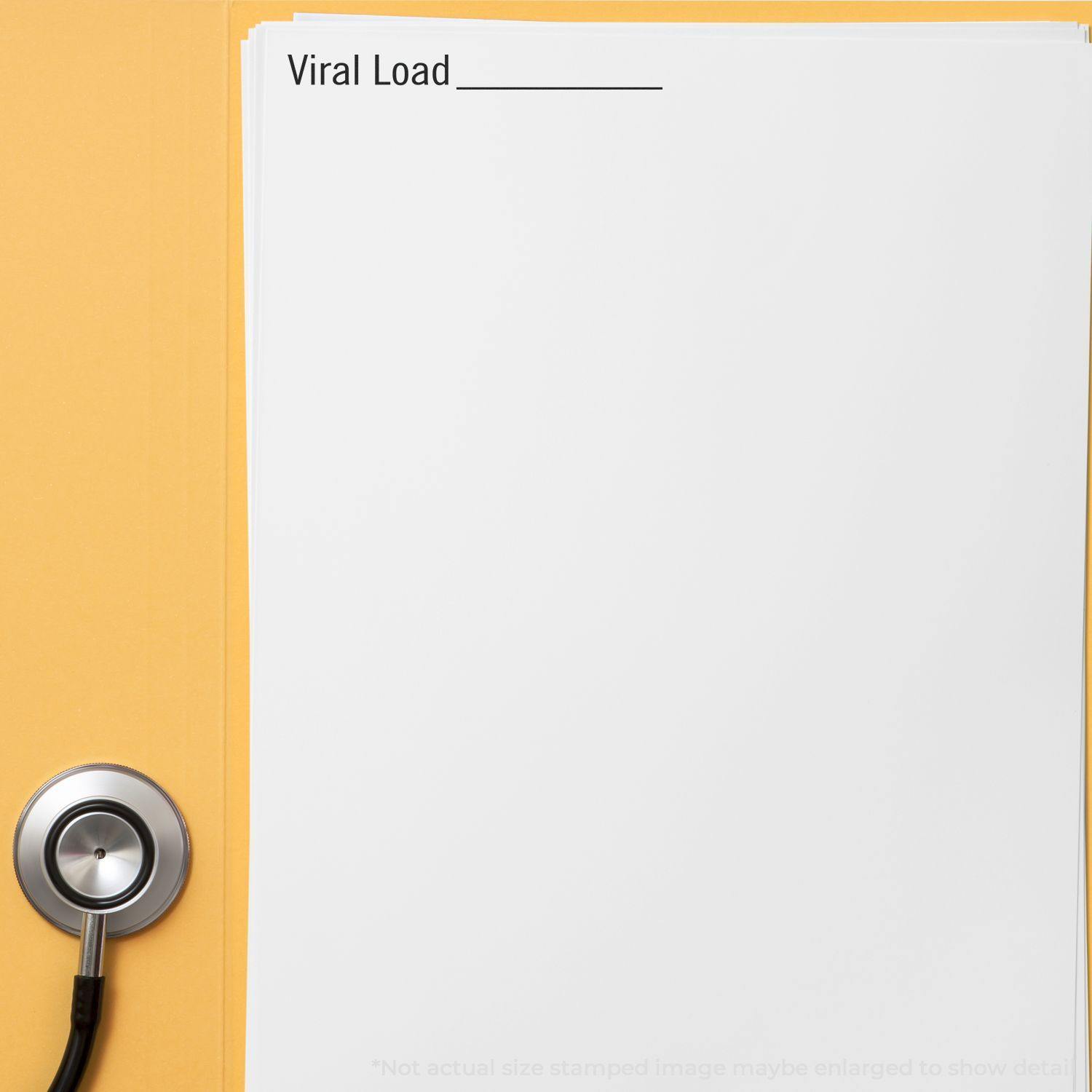 A stethoscope next to a stack of papers with a Viral Load stamp at the top, indicating a large viral load measurement.