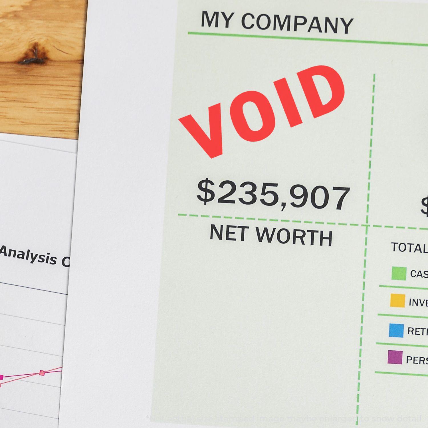 A document stamped with VOID using the Large Pre-Inked Void Stamp, showing a net worth of $235,907 and financial analysis charts.