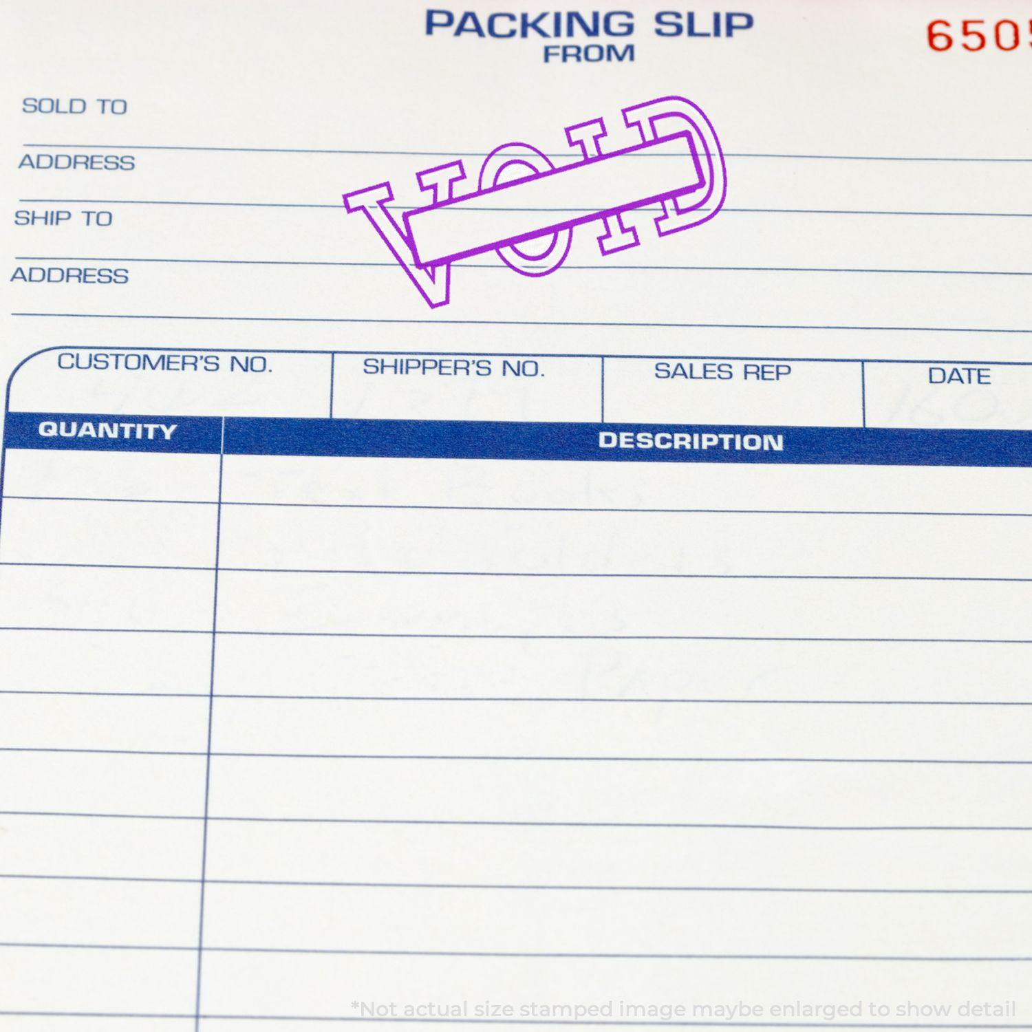 A packing slip stamped with VOID using the Self Inking Void with Box Stamp in purple ink.