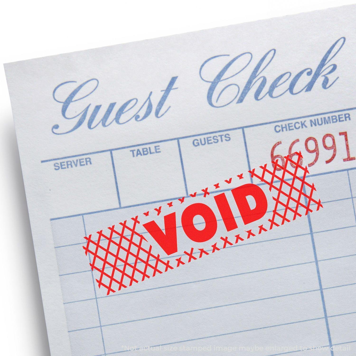 Guest check stamped with VOID using the Large Self Inking Void with Strikelines Stamp in red ink.