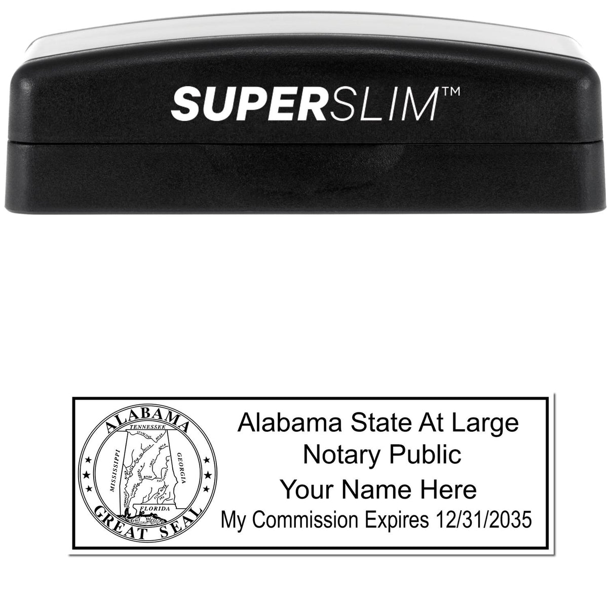 The main image for the Super Slim Alabama Notary Public Stamp depicting a sample of the imprint and electronic files