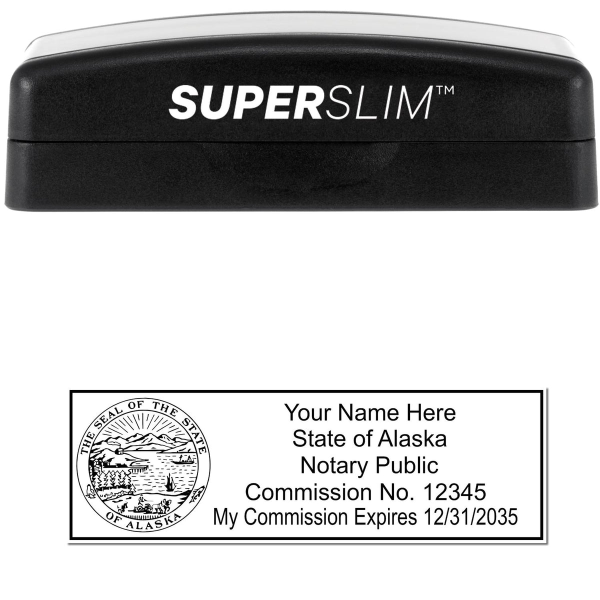 The main image for the Super Slim Alaska Notary Public Stamp depicting a sample of the imprint and electronic files