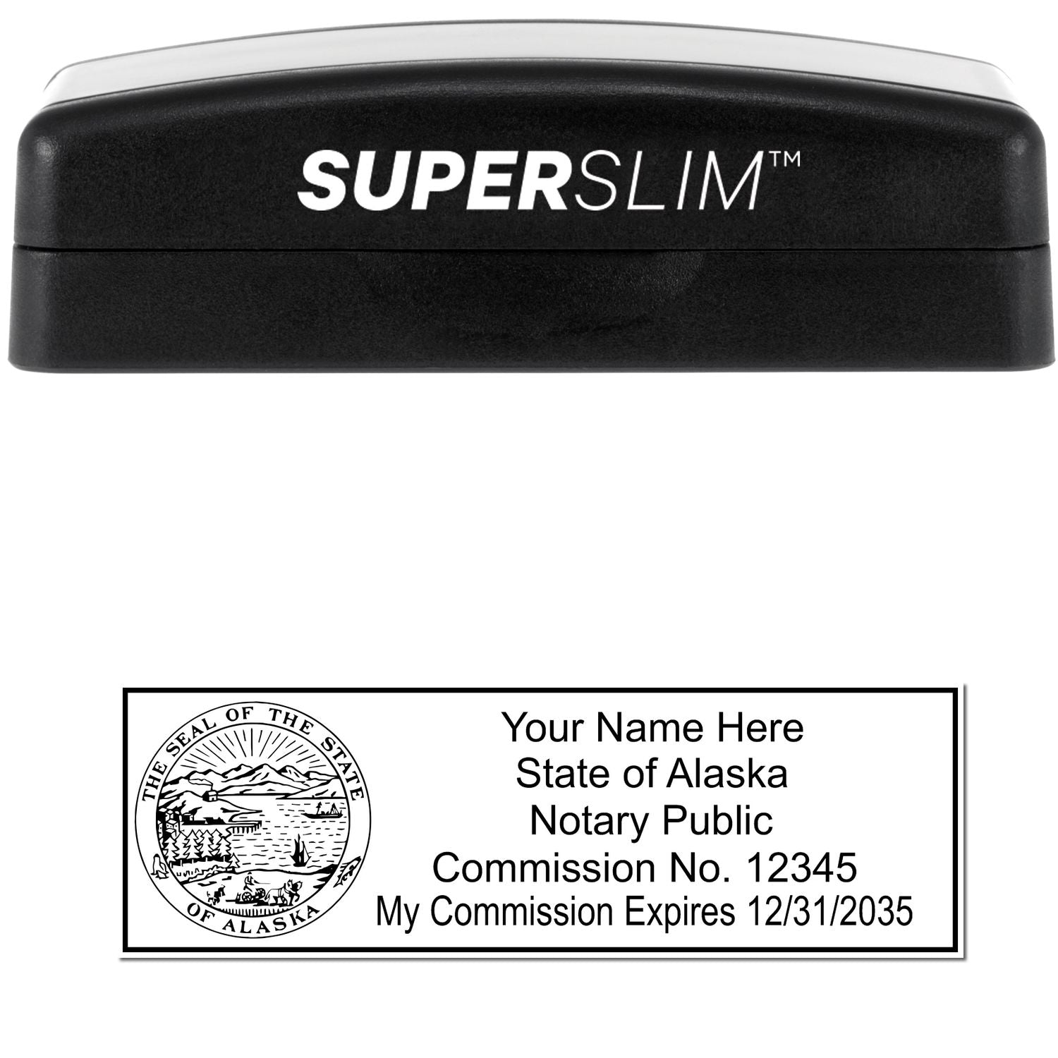 The main image for the Super Slim Alaska Notary Public Stamp depicting a sample of the imprint and electronic files