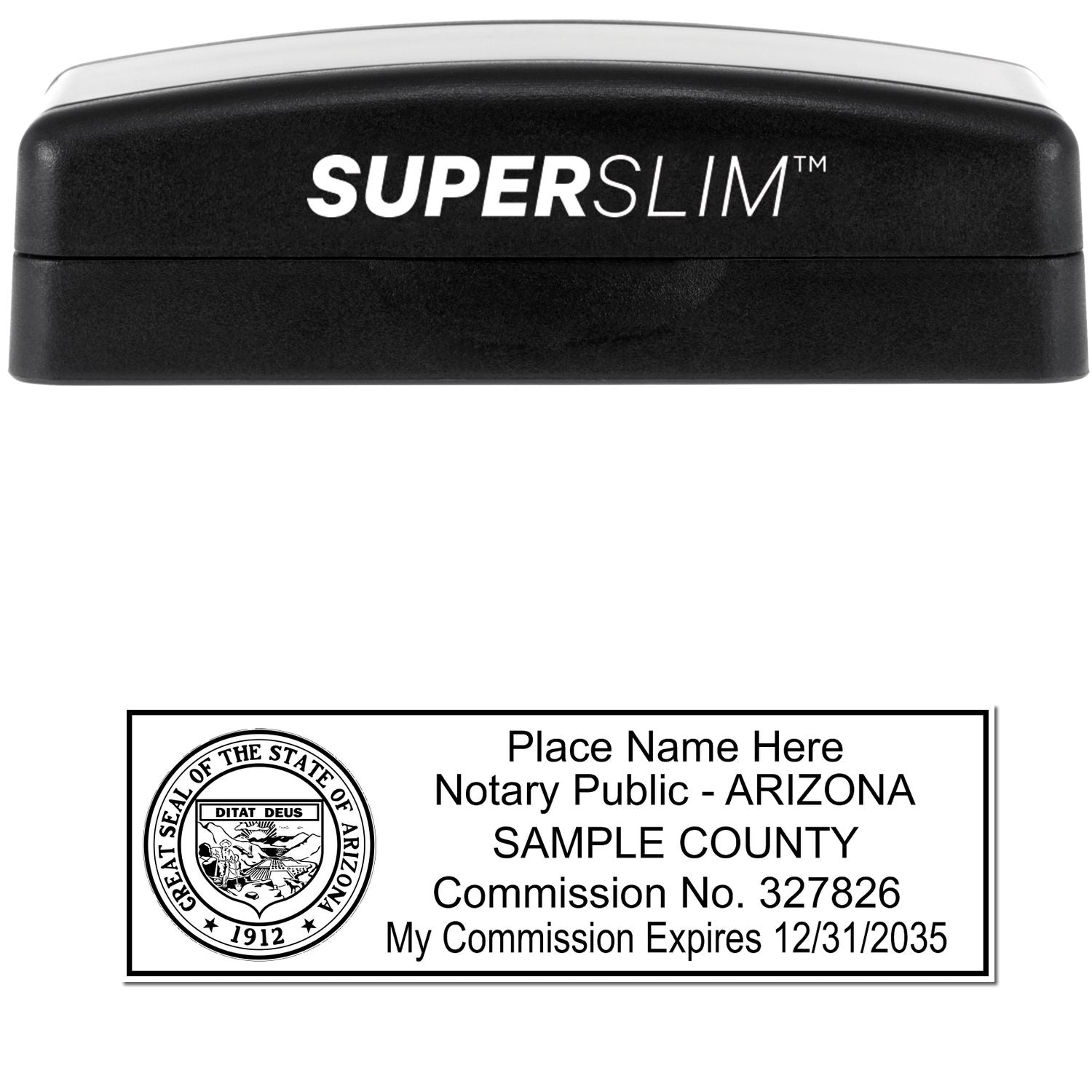 The main image for the Super Slim Arizona Notary Public Stamp depicting a sample of the imprint and electronic files