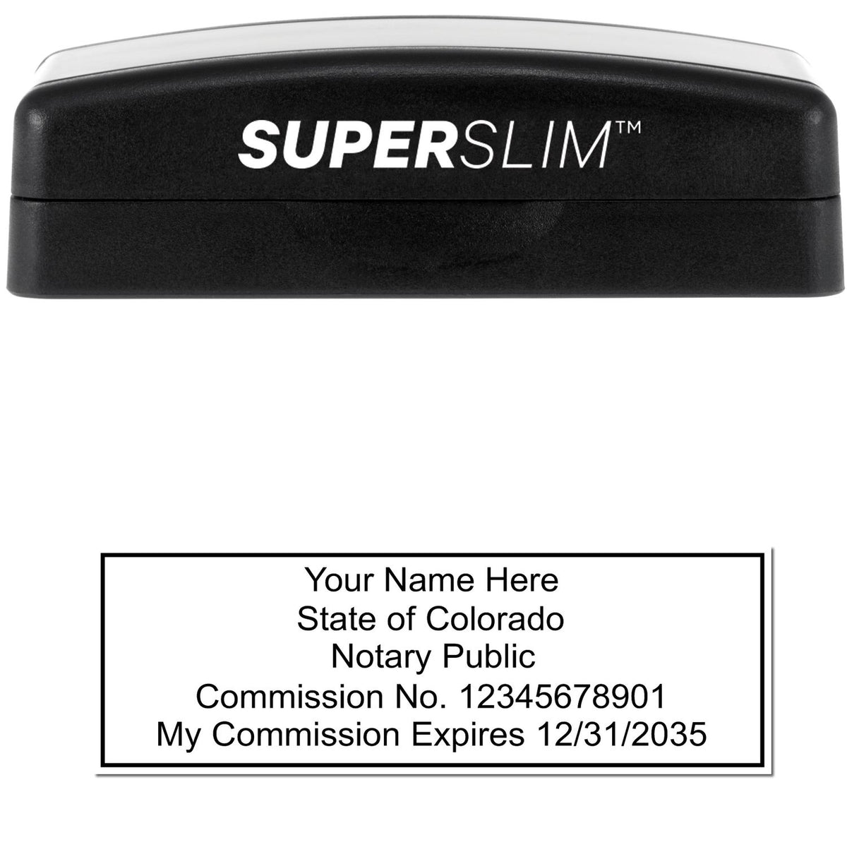 The main image for the Super Slim Colorado Notary Public Stamp depicting a sample of the imprint and electronic files