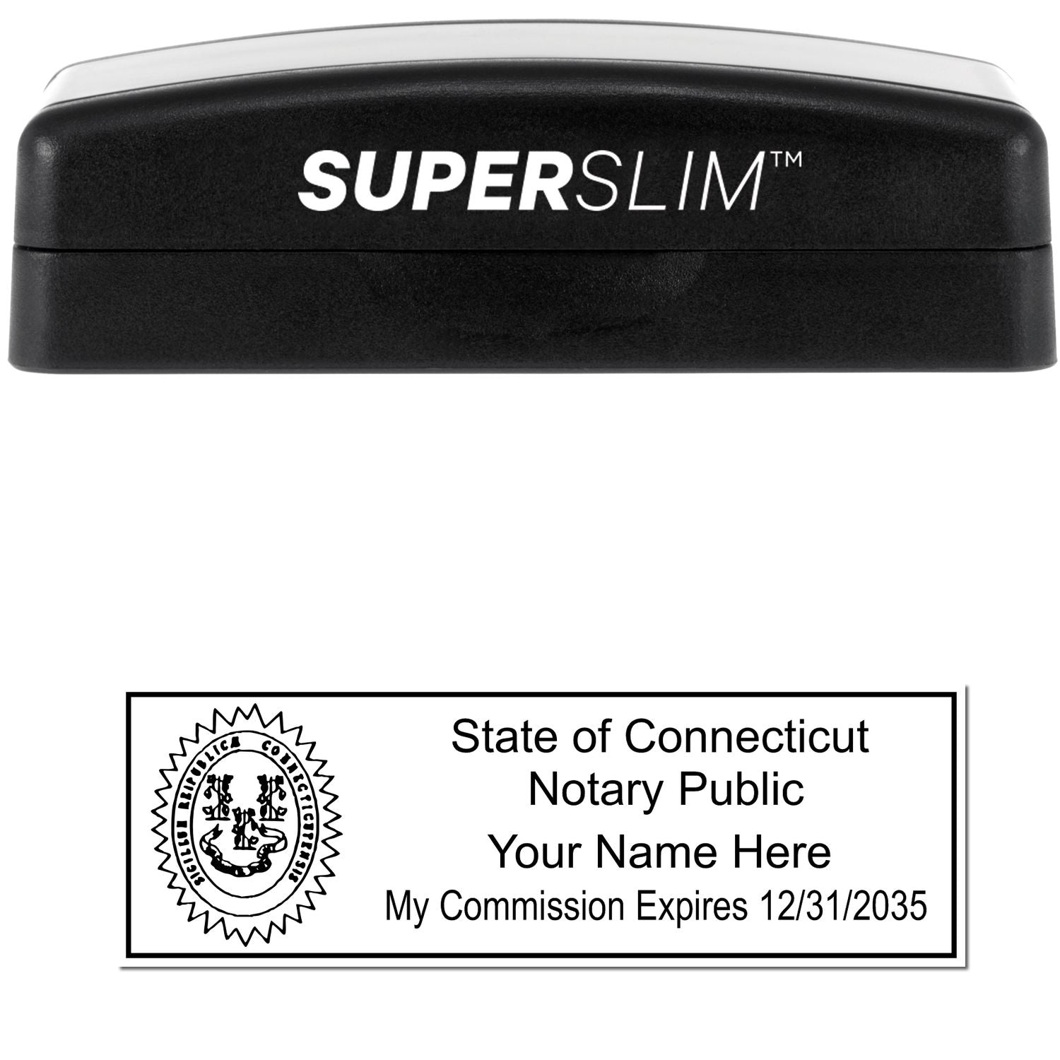 The main image for the Super Slim Connecticut Notary Public Stamp depicting a sample of the imprint and electronic files