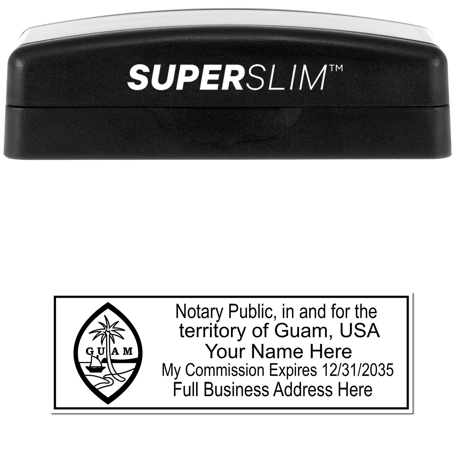 The main image for the Super Slim Guam Notary Public Stamp depicting a sample of the imprint and electronic files