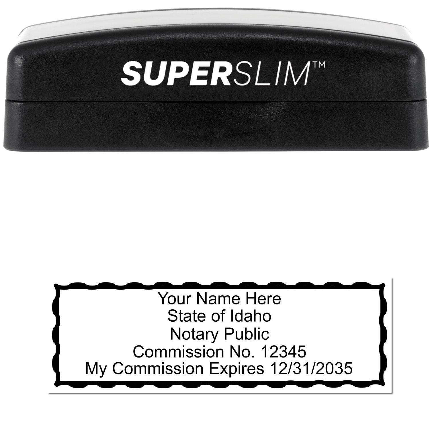 The main image for the Super Slim Idaho Notary Public Stamp depicting a sample of the imprint and electronic files
