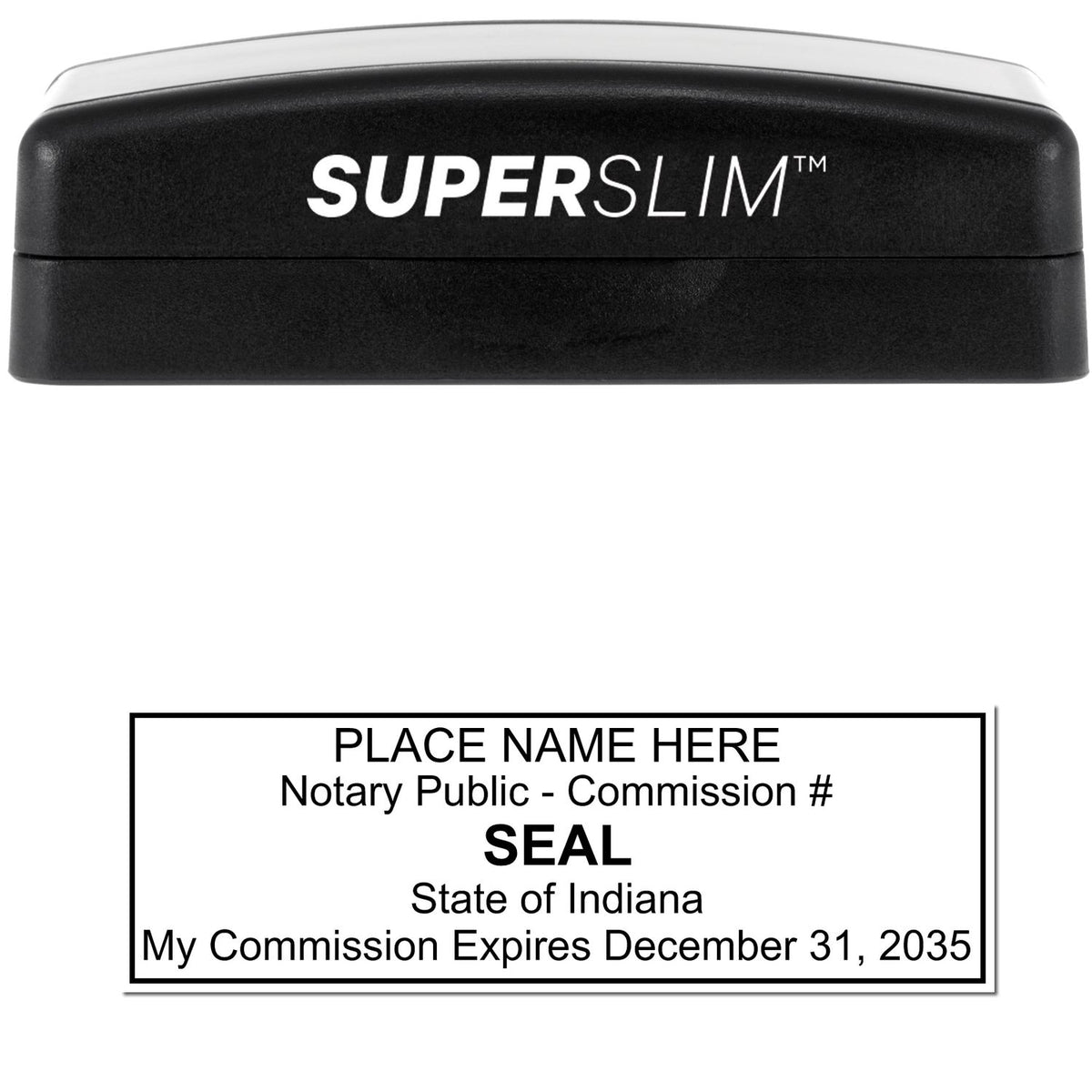 The main image for the Super Slim Indiana Notary Public Stamp depicting a sample of the imprint and electronic files