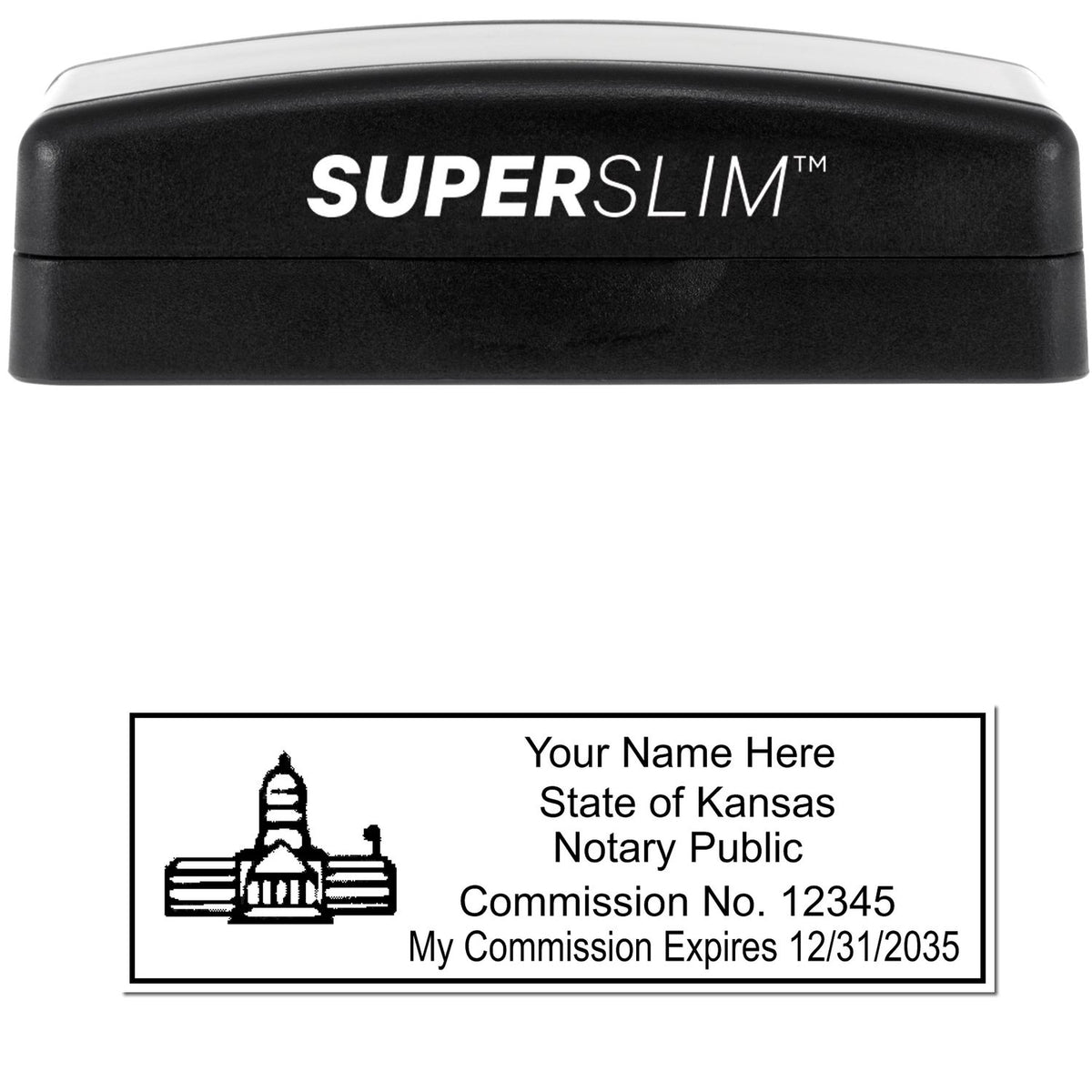 The main image for the Super Slim Kansas Notary Public Stamp depicting a sample of the imprint and electronic files