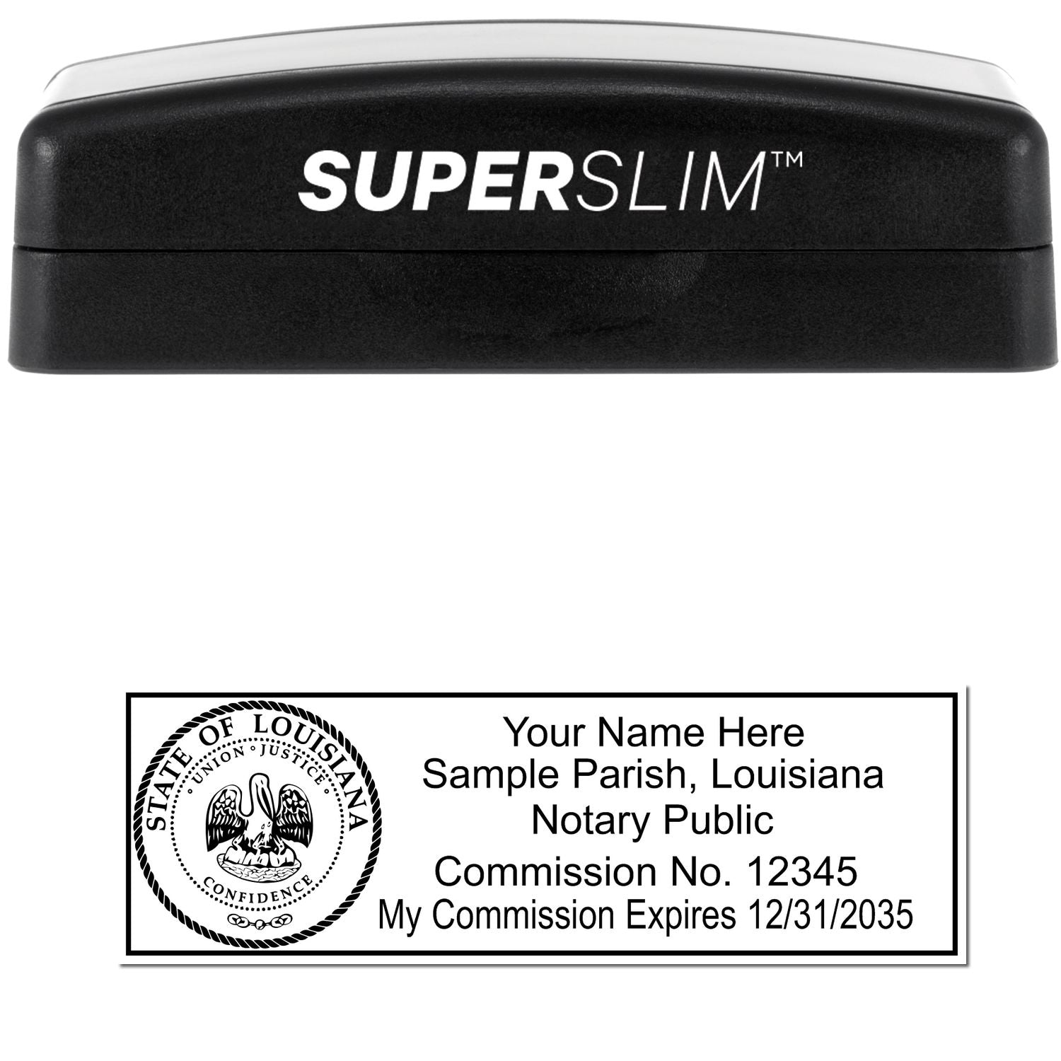 The main image for the Super Slim Louisiana Notary Public Stamp depicting a sample of the imprint and electronic files