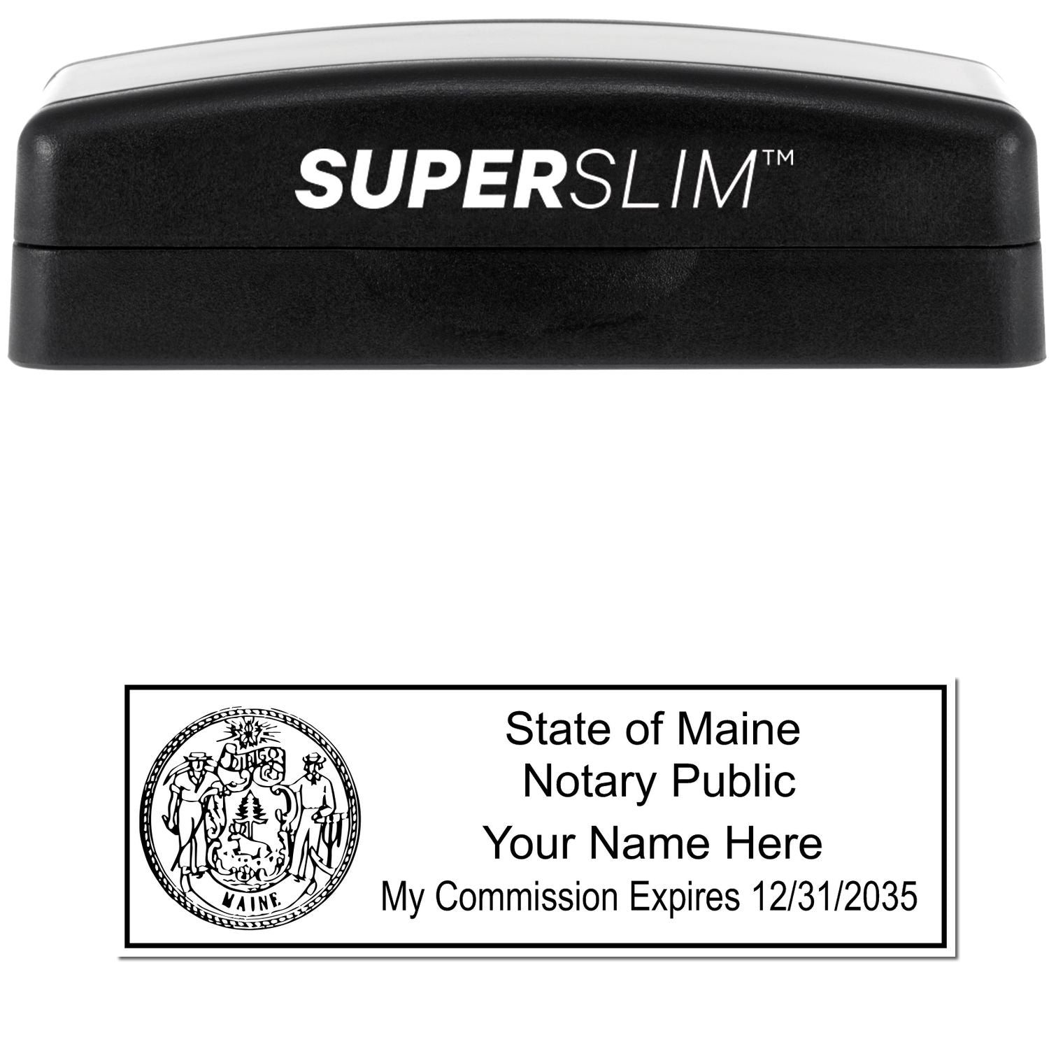 The main image for the Super Slim Maine Notary Public Stamp depicting a sample of the imprint and electronic files