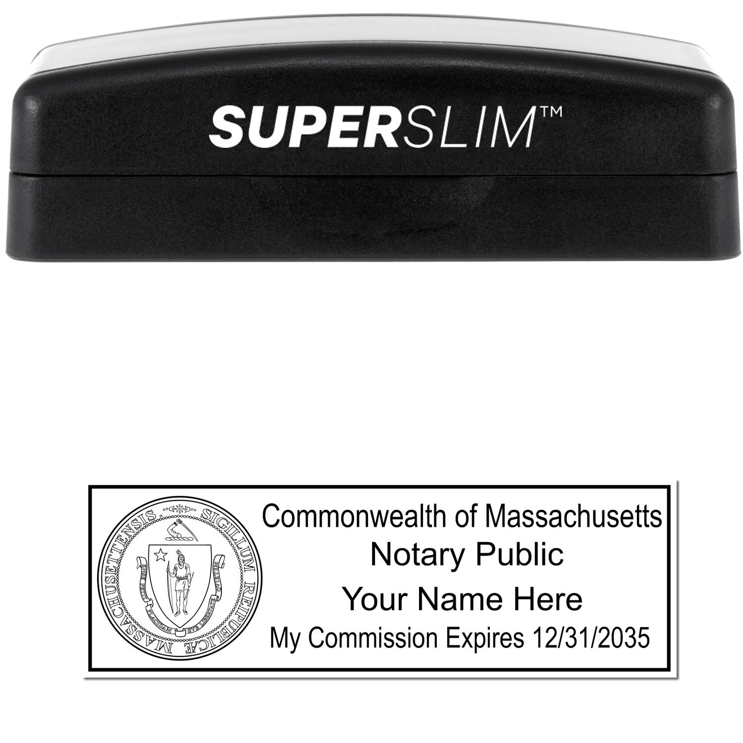 The main image for the Super Slim Massachusetts Notary Public Stamp depicting a sample of the imprint and electronic files
