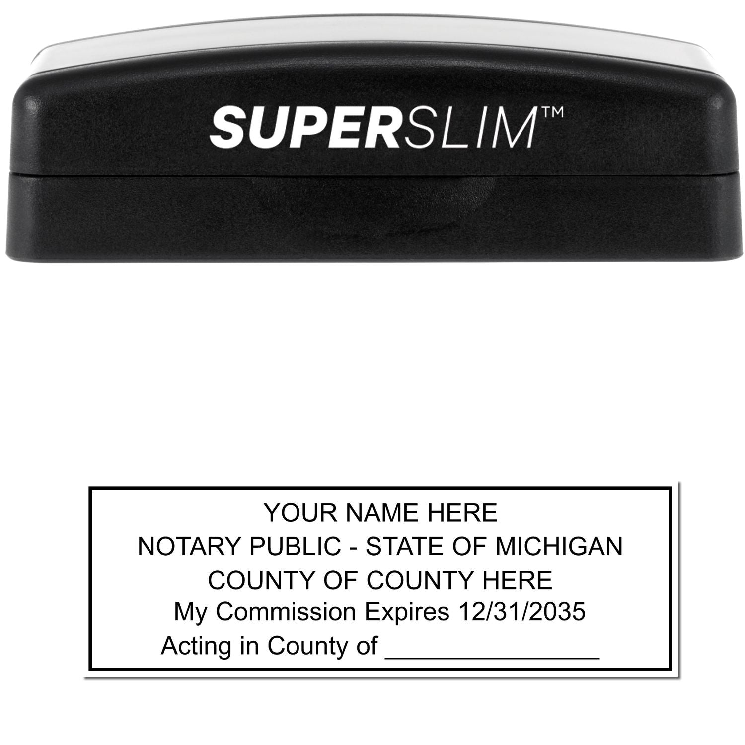 The main image for the Super Slim Michigan Notary Public Stamp depicting a sample of the imprint and electronic files