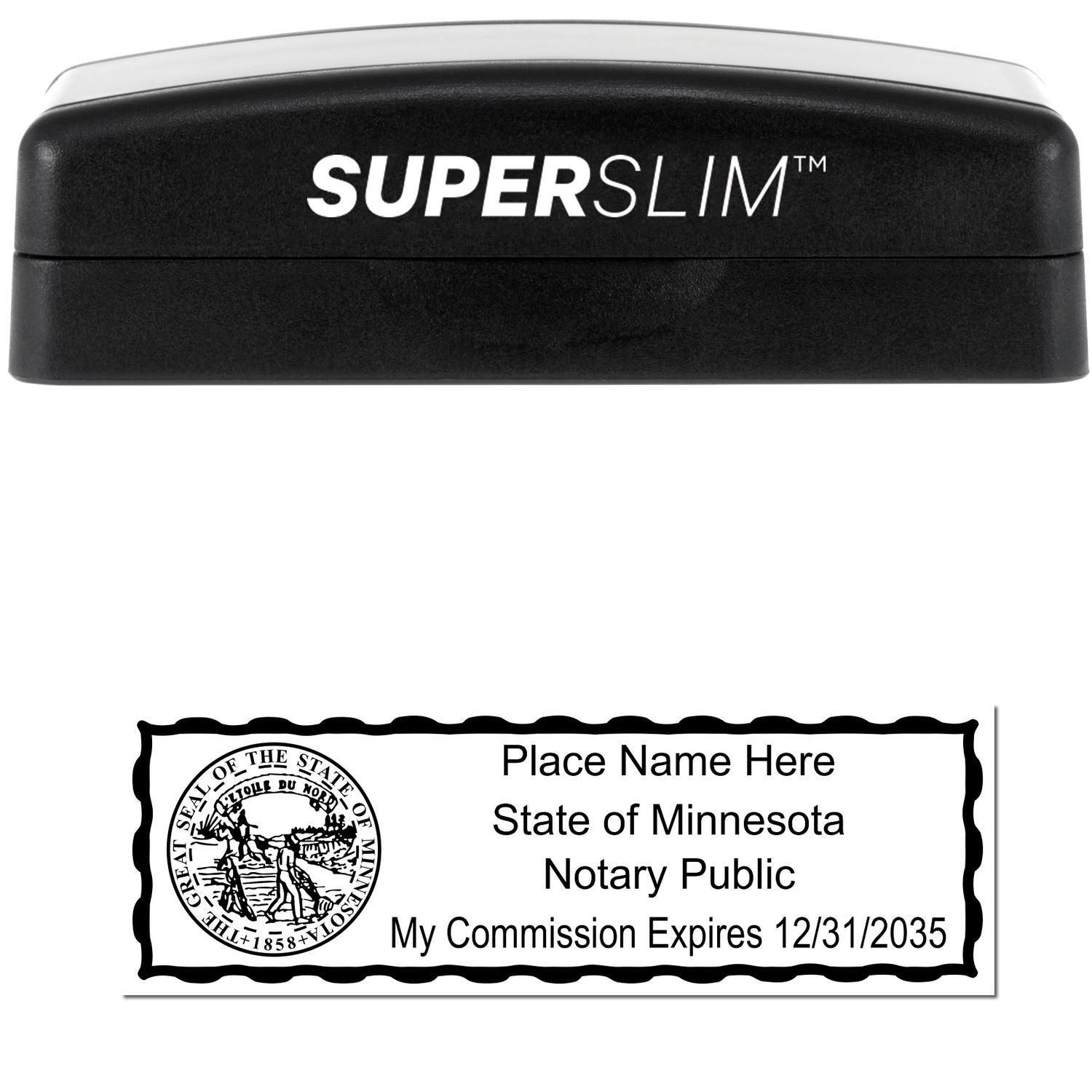 The main image for the Super Slim Minnesota Notary Public Stamp depicting a sample of the imprint and electronic files