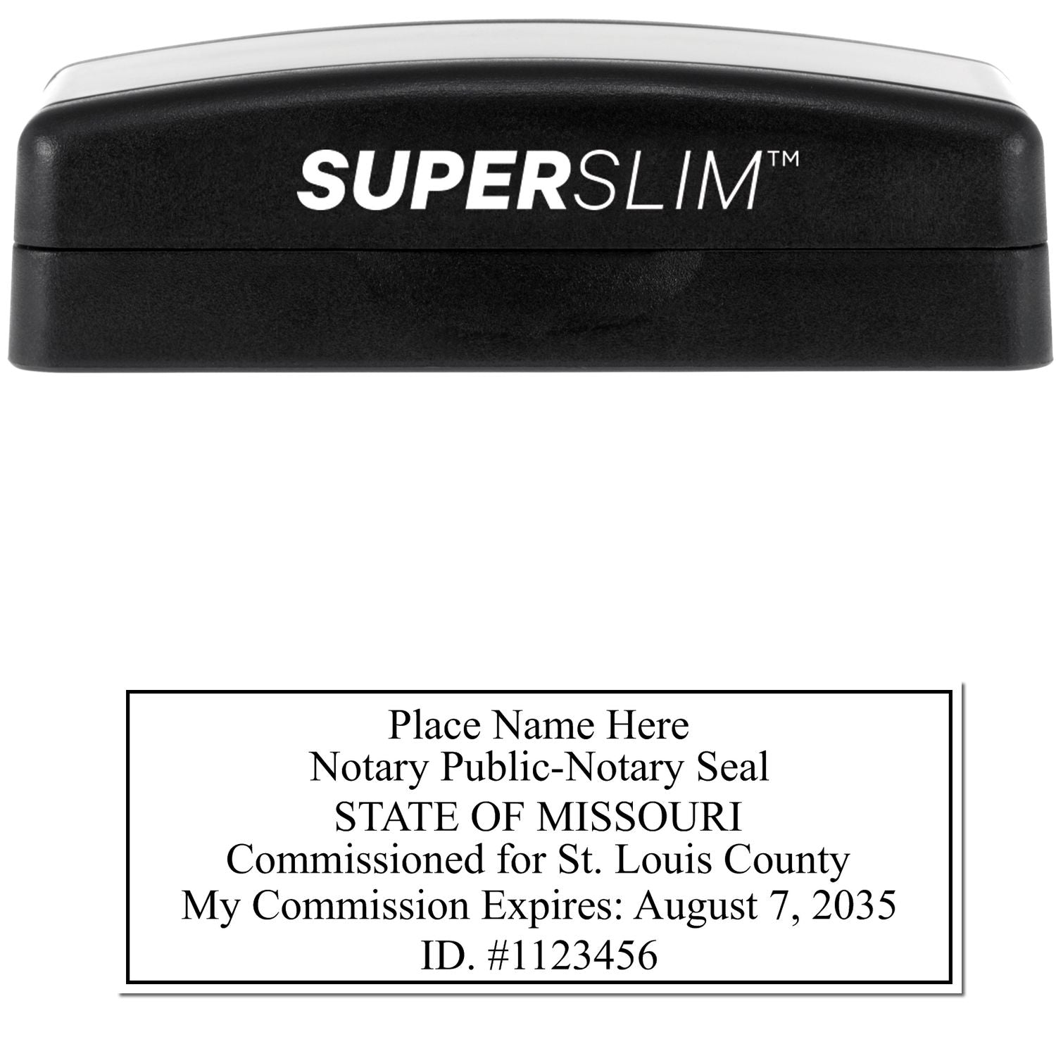 The main image for the Super Slim Missouri Notary Public Stamp depicting a sample of the imprint and electronic files