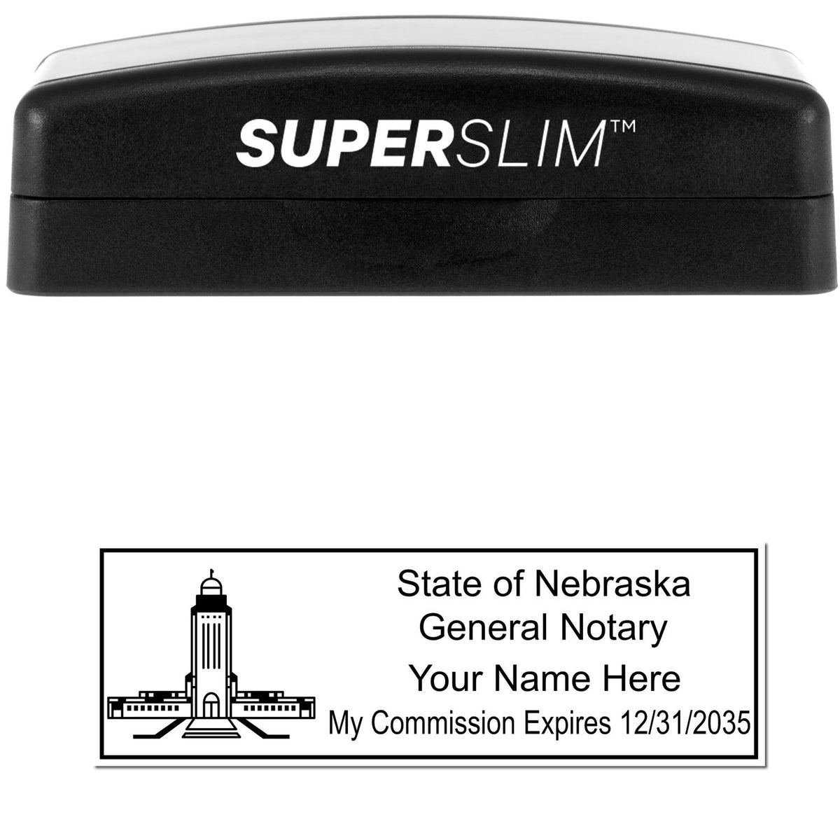 The main image for the Super Slim Nebraska Notary Public Stamp depicting a sample of the imprint and electronic files