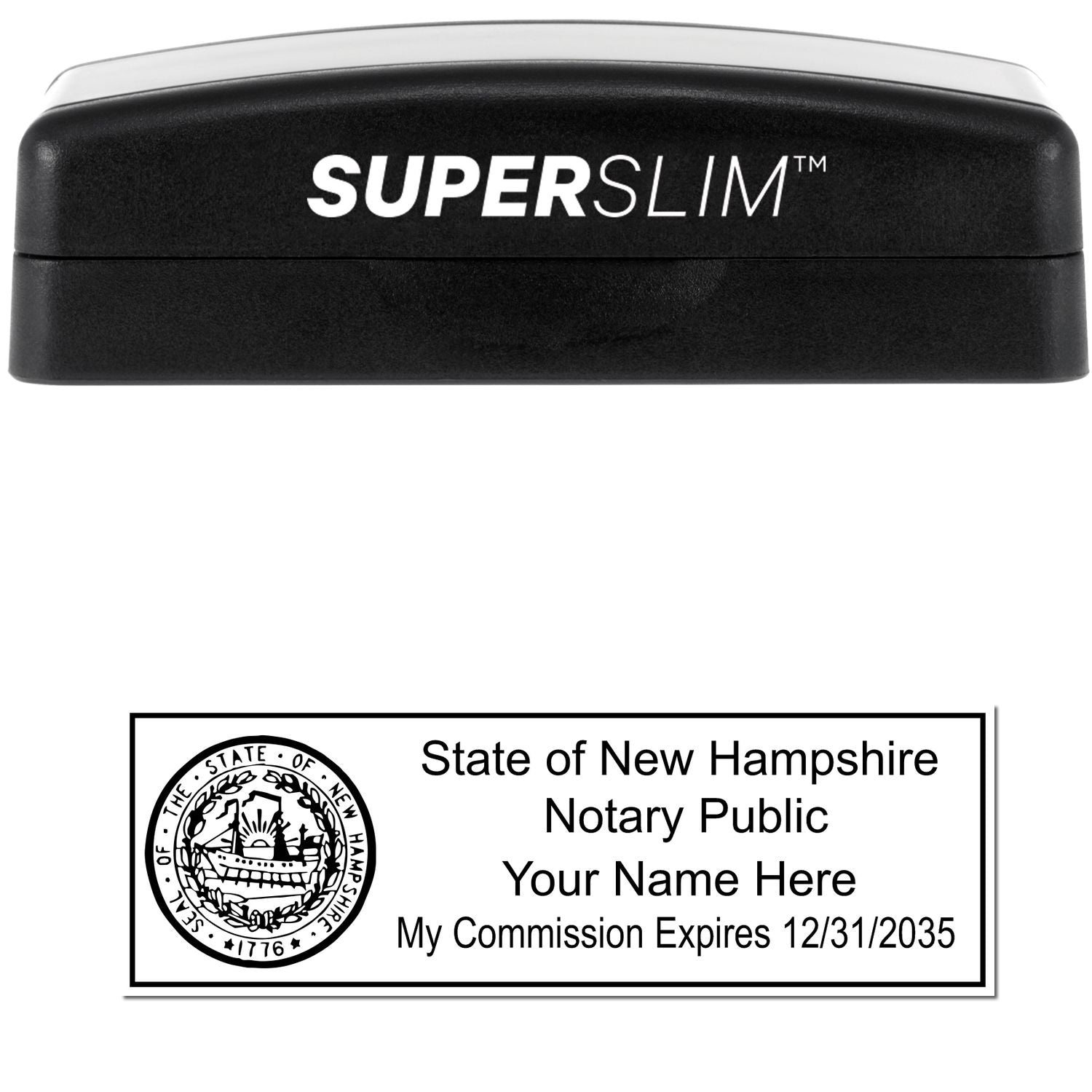 The main image for the Super Slim New Hampshire Notary Public Stamp depicting a sample of the imprint and electronic files