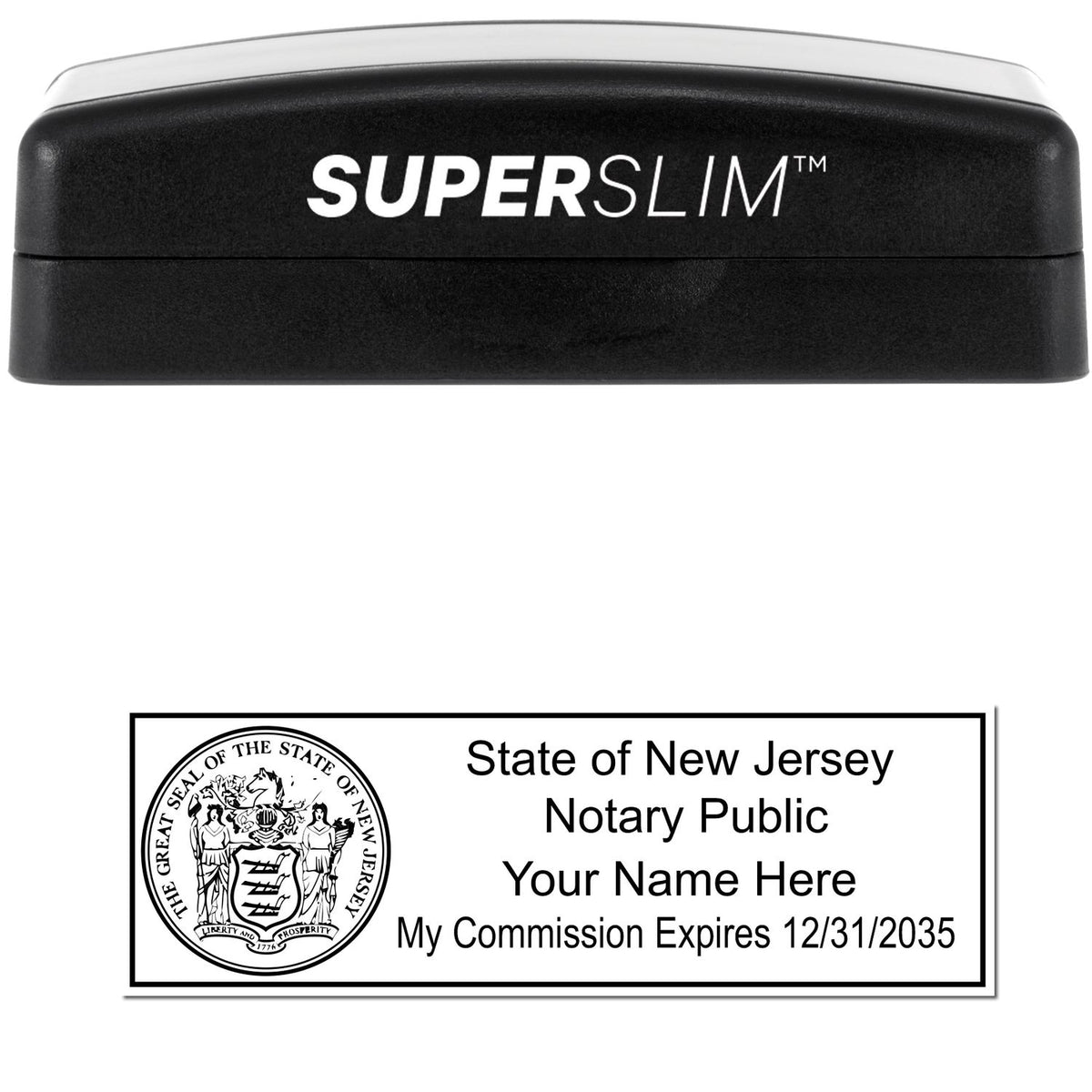The main image for the Super Slim New Jersey Notary Public Stamp depicting a sample of the imprint and electronic files