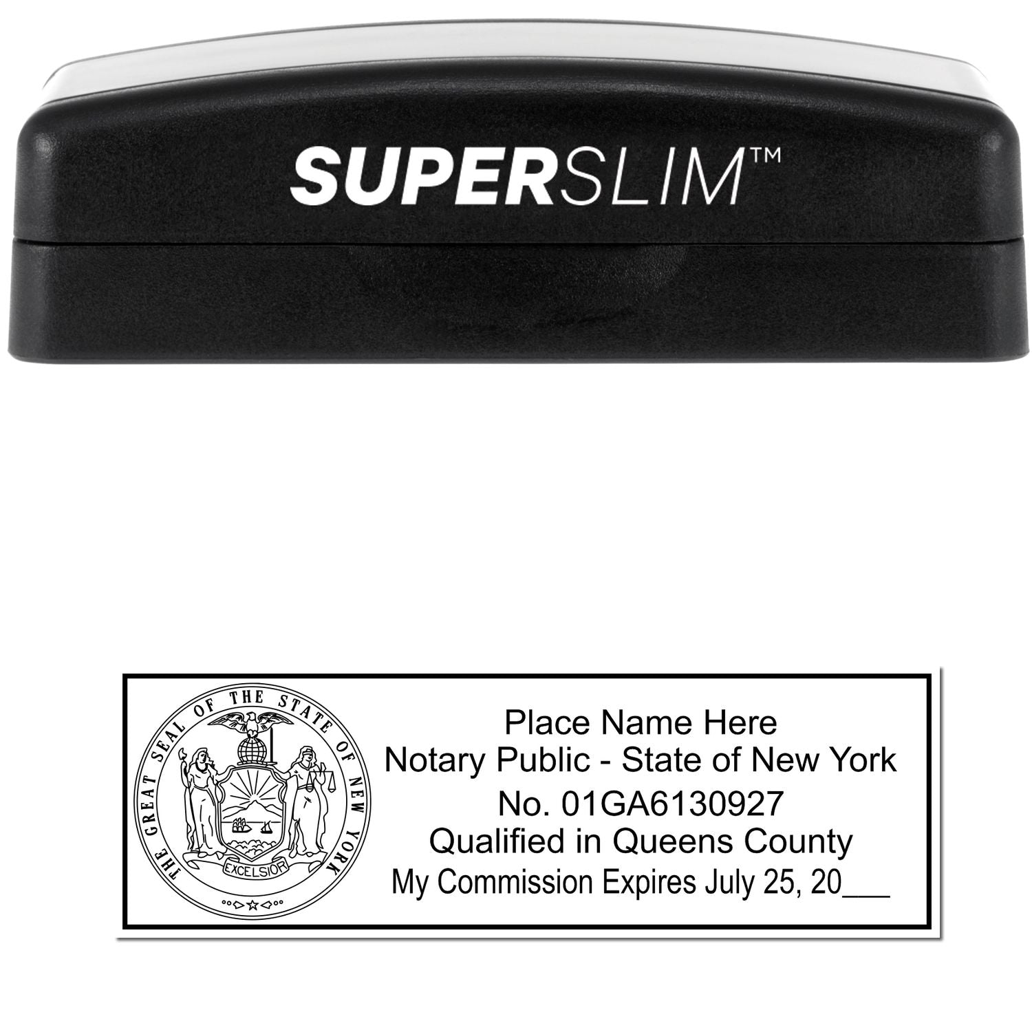 The main image for the Super Slim New York Notary Public Stamp depicting a sample of the imprint and electronic files