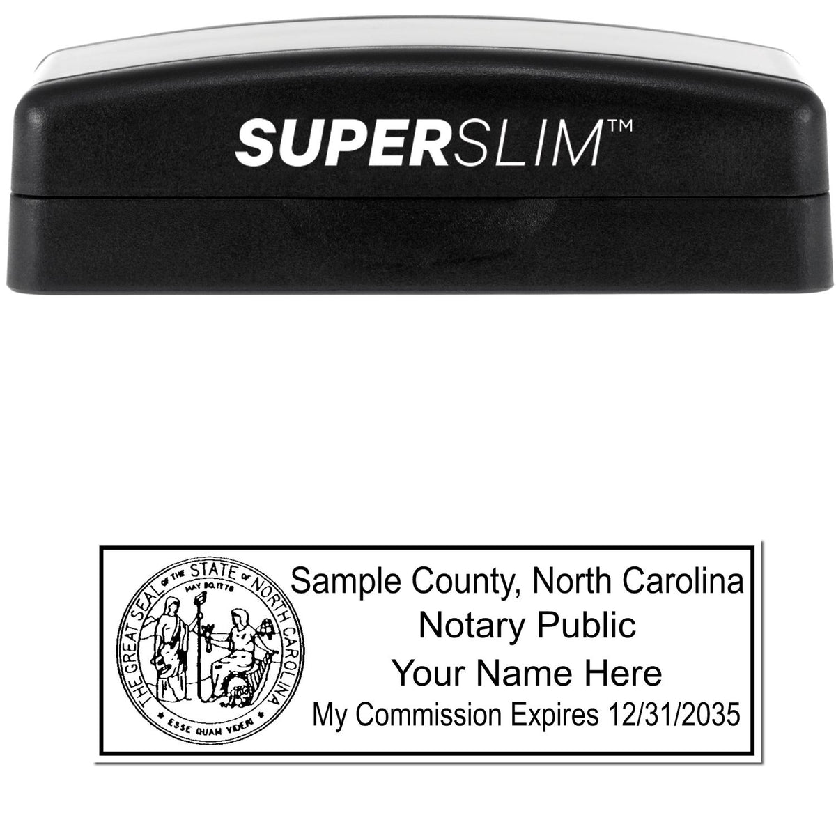 The main image for the Super Slim North Carolina Notary Public Stamp depicting a sample of the imprint and electronic files