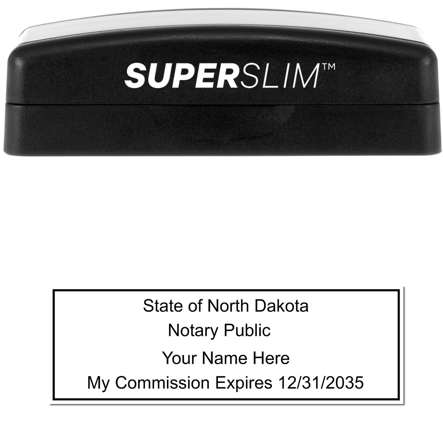 The main image for the Super Slim North Dakota Notary Public Stamp depicting a sample of the imprint and electronic files