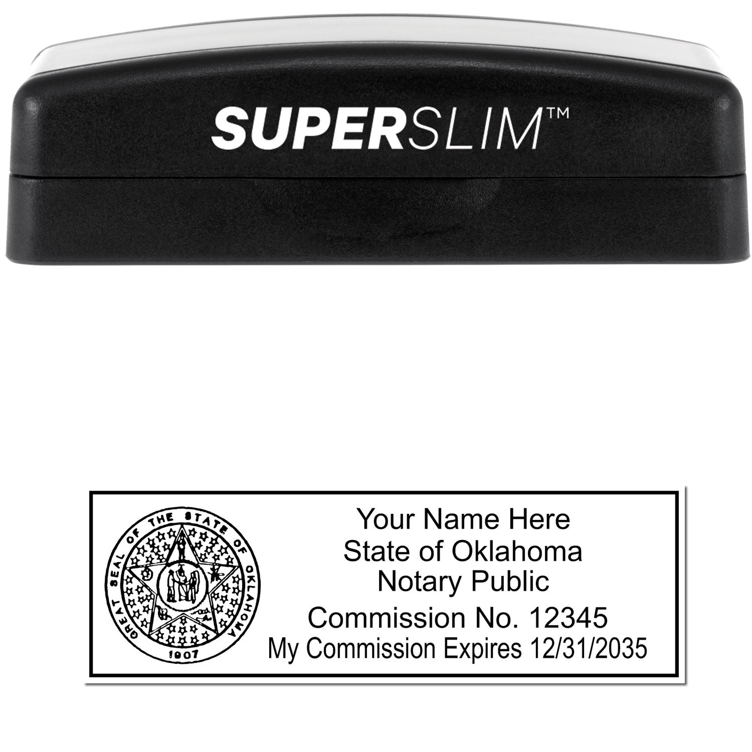 The main image for the Super Slim Oklahoma Notary Public Stamp depicting a sample of the imprint and electronic files